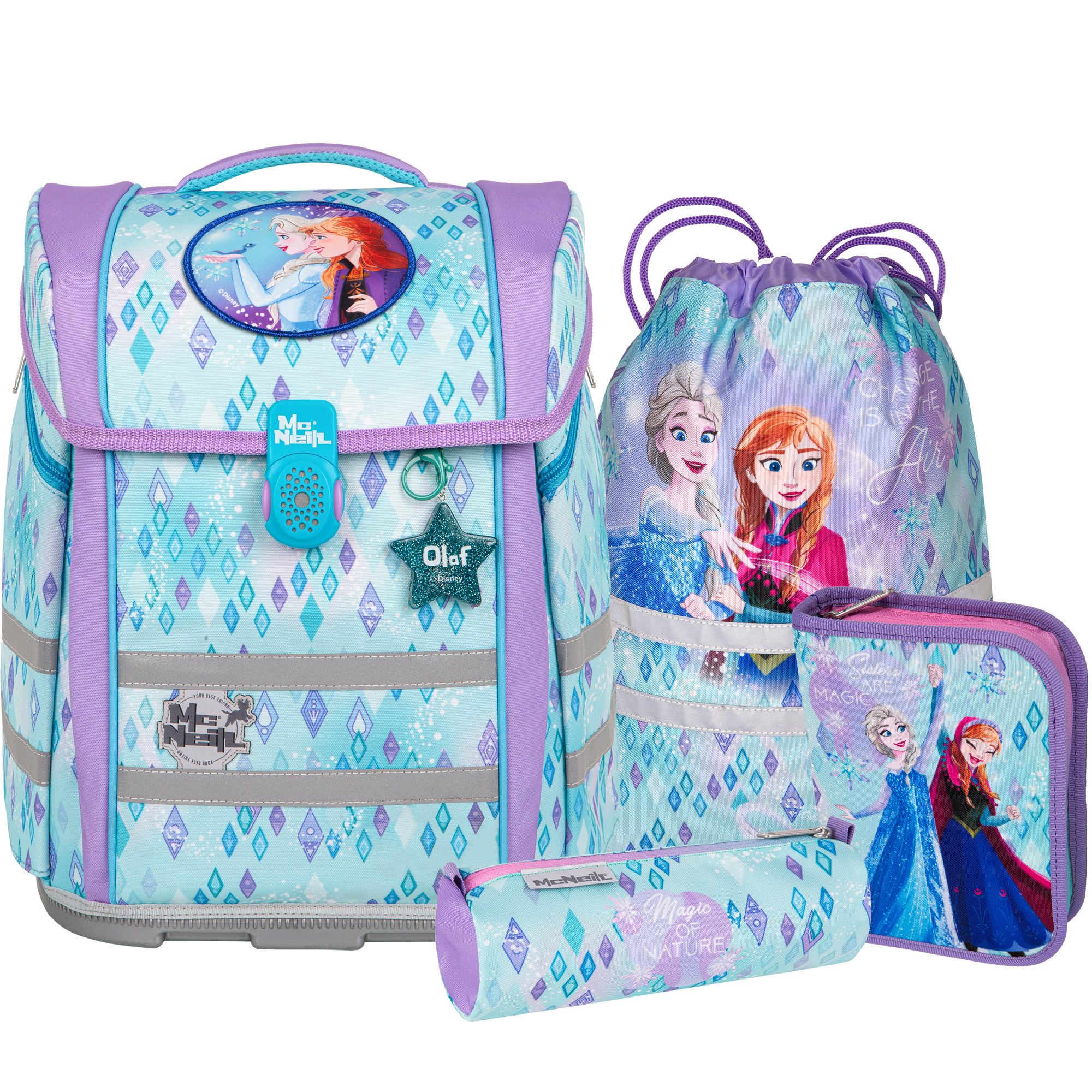 McNeill Schulranzen Perfecto Frozen 5tlg. Disney Schulranzen ergonomisch ClickFlex (Spar-Set, Federmappen befüllt, Schlampermappe, Sportbeutel, Magnet & Anhänger), ClickFlex Rückensystem, mitwachsend, ergonomisch