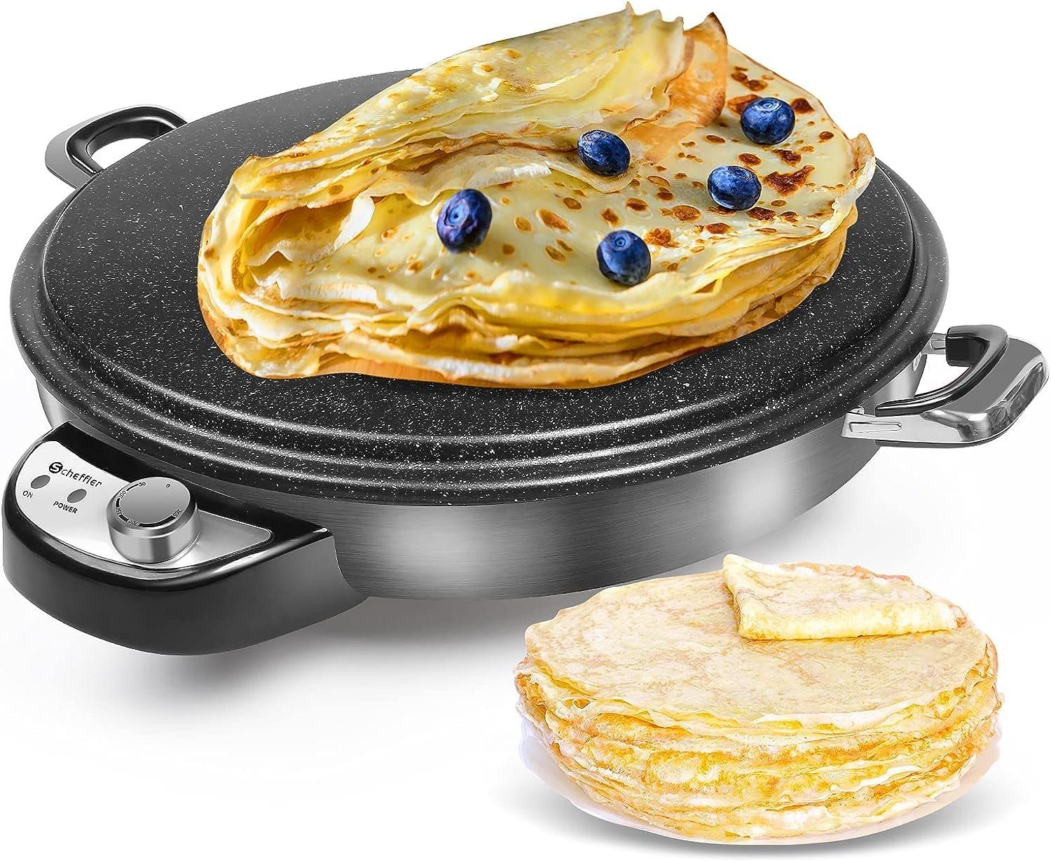 Scheffler Crêpesmaker fladenbrot bäcker 230V, große Backplatte, Ø 50 cm Temperaturregler, 2300,00 W, Temperaturregler, antihaftbeschichtet, Edelstahl Griffe