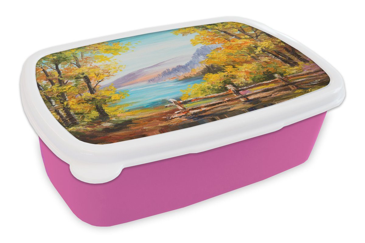 MuchoWow Lunchbox Malerei - Ölgemälde - Pflanzen - Natur, Kunststoff, (2-tlg), Brotbox für Erwachsene, Brotdose Kinder, Snackbox, Mädchen, Kunststoff rosa