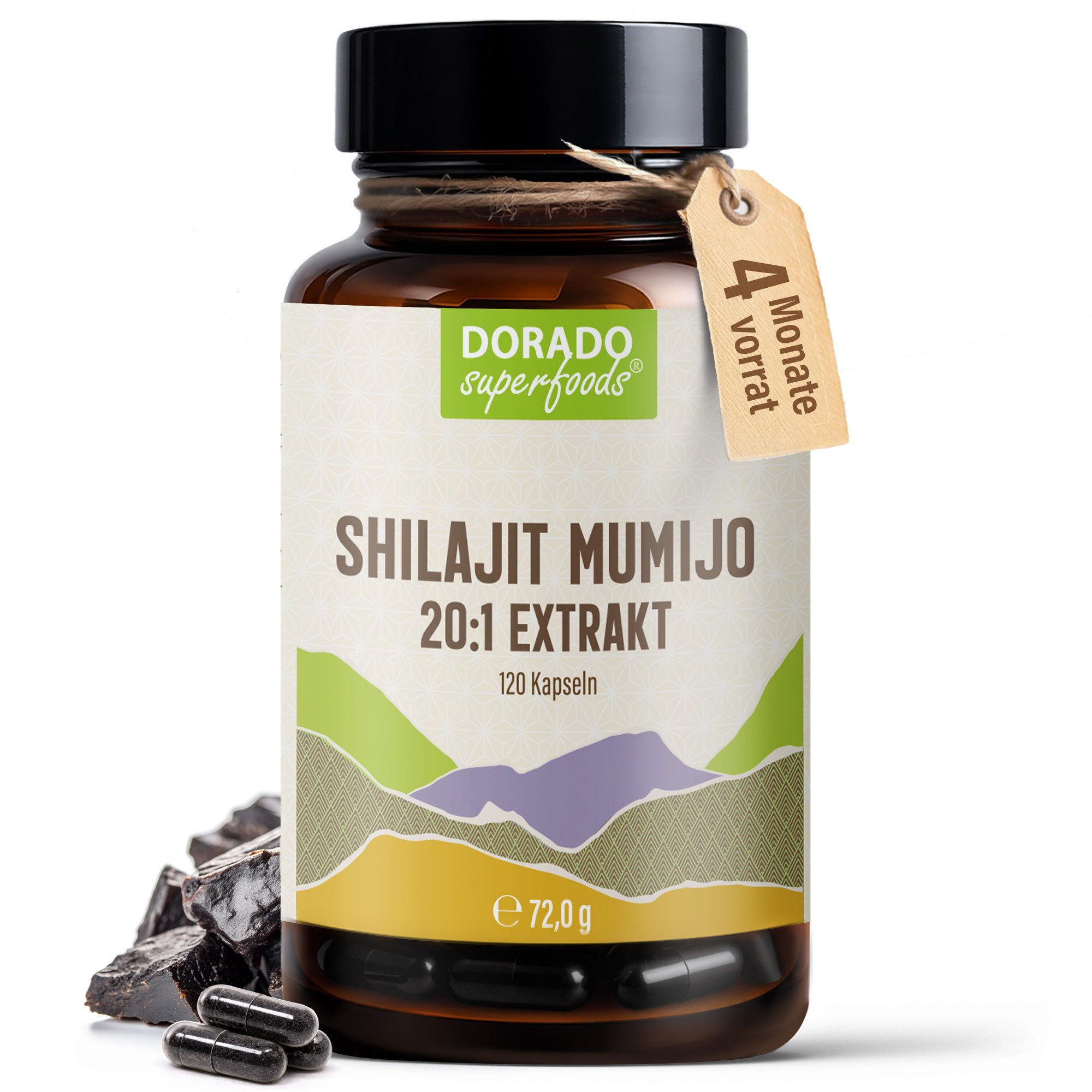 Dorado Superfoods Shilajit Mumijo Extrakt Kapseln – 500 mg – 20% Fulvinsäure, 120 Stück Kapsel, 120 St., 72 g