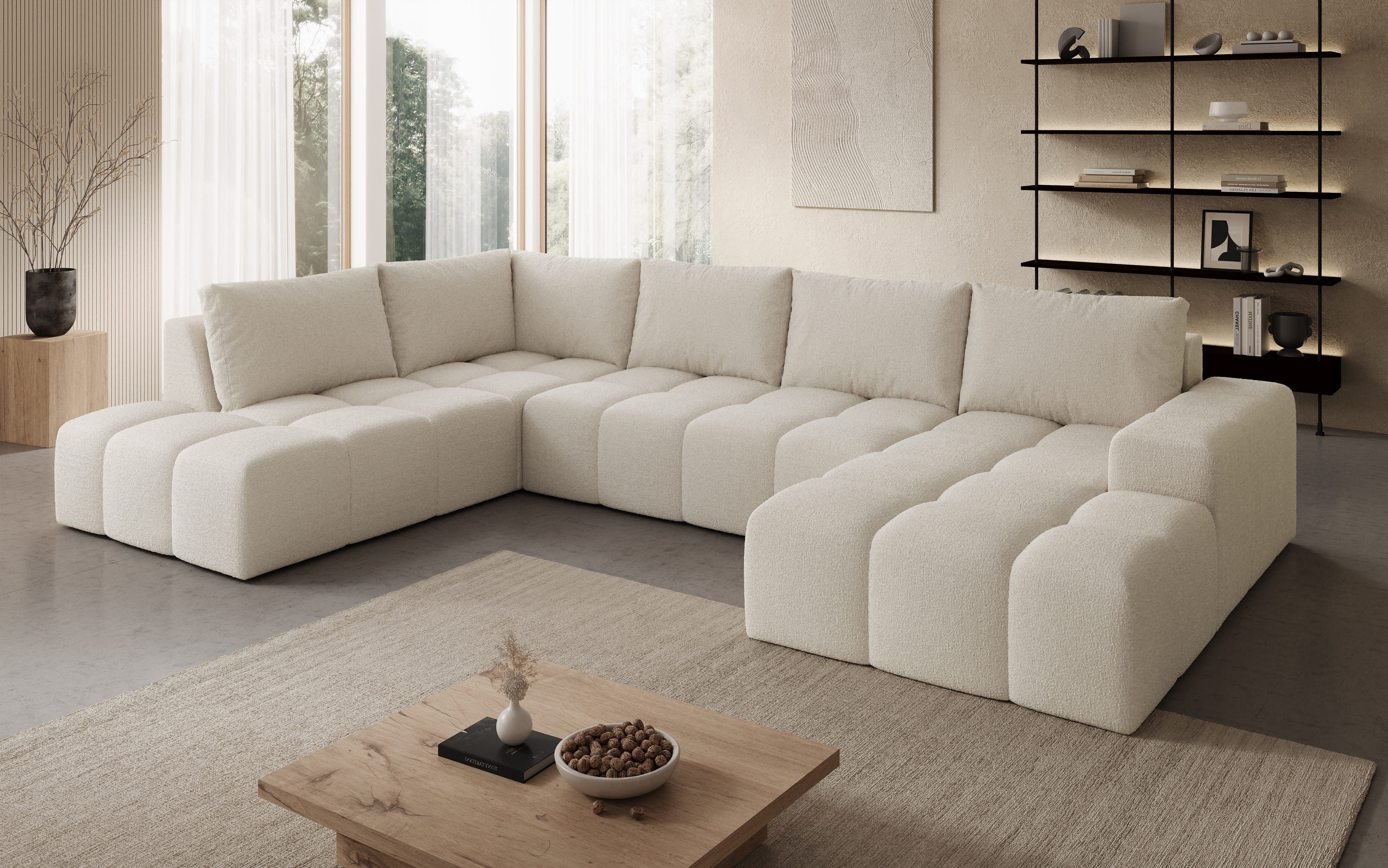 PROMETO Möbel Ecksofa U-Sofa, Große Sofa im Cord-Stoff, Teddy-Boucle oder Web, 2 Ottomanen, Großes U-Sofa mit Cordstoff-Bezug, zwei Ottomanen