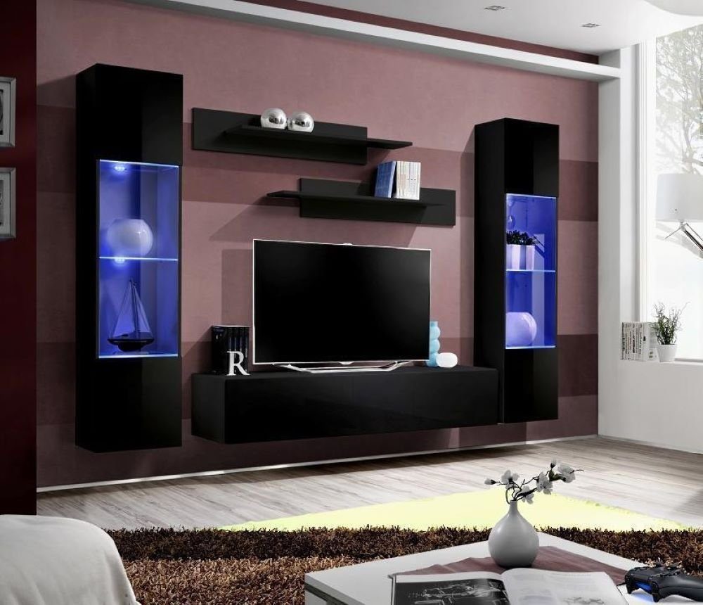 JVmoebel Wohnzimmer-Set Wohnwand TV Lowboard Wand Regale Wohnzimmer Design Moderne 5tlg, (6-St), Made in Europa