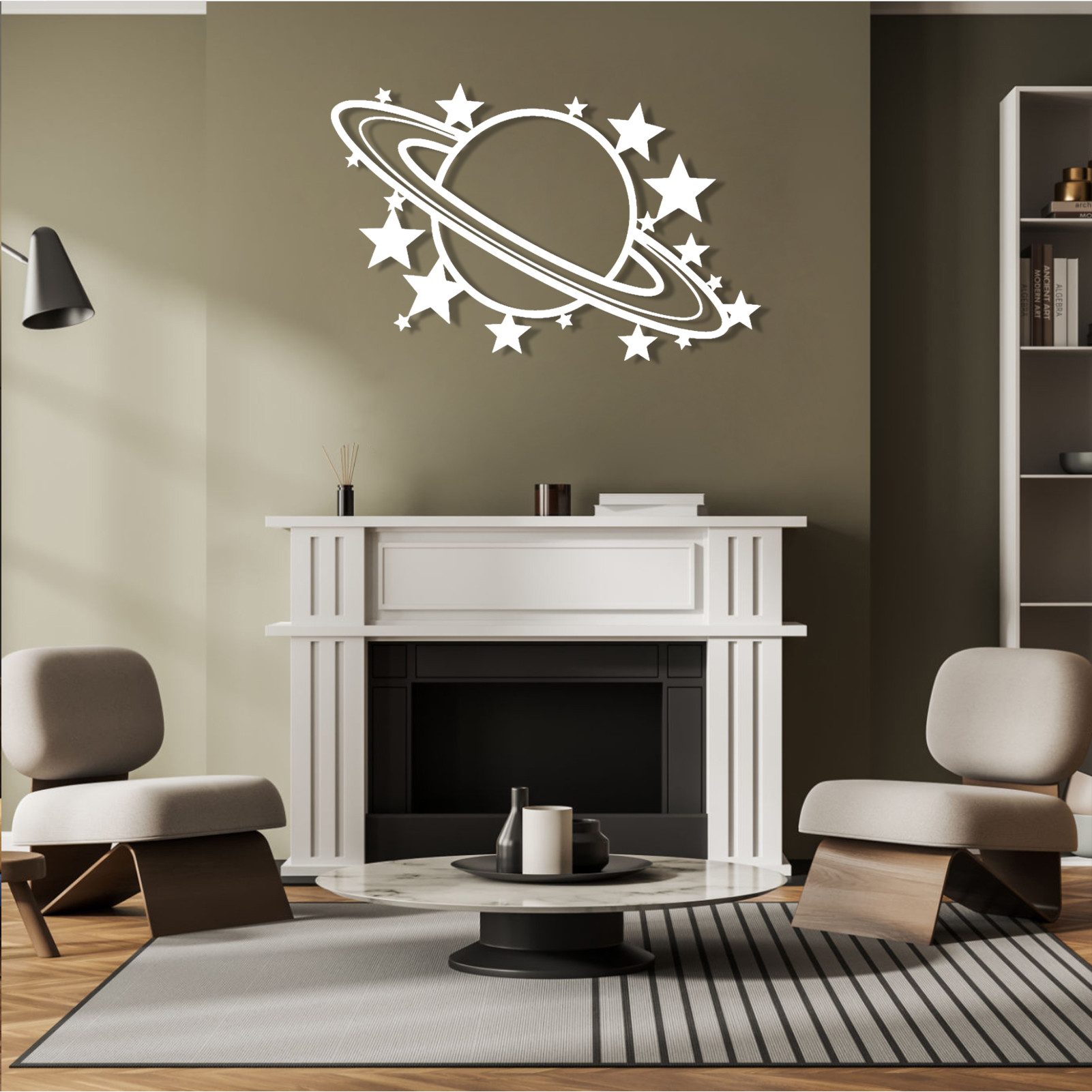 Jumpeak Wanddekoobjekt Wanddekoration mit Saturn und Sternen, Sternenhimmel, Strichkunst, Metall, 4 Farben, 3 Größen, Wanddekoration, Planeten, märchenhaft