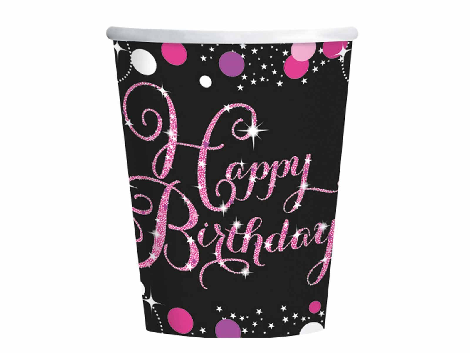 Festivalartikel Einwegbecher Happy Birthday rosa Set 8 Einwegbecher Pappbecher 250 ml