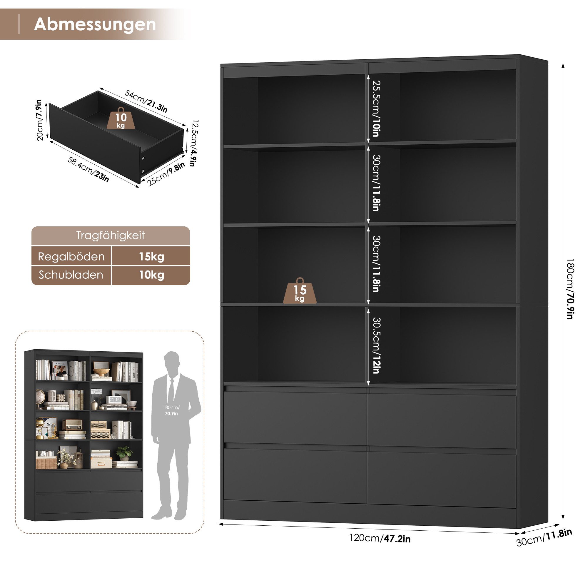 Homfa Bücherregal Hochschrank Standregal Bücherschrank Raumteiler, mit 8 Fächern und 4 Schubladen, 120x30x180cm
