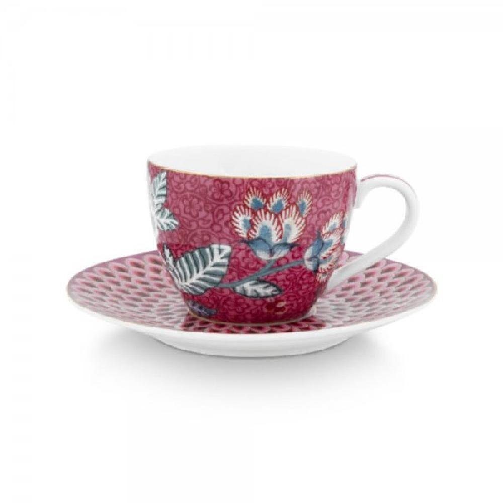 PiP Studio Tasse Espressotasse mit Untertasse Flower Festival Dark Pink (2-teilig)