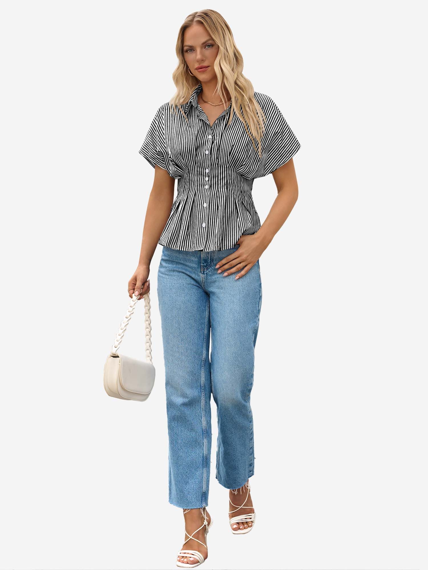 Imily Bela Blusentop Damen Gestreifte Hemdbluse Für Alltag & Büro (Packung, 1-tlg., 1per-Pack) Gürtel