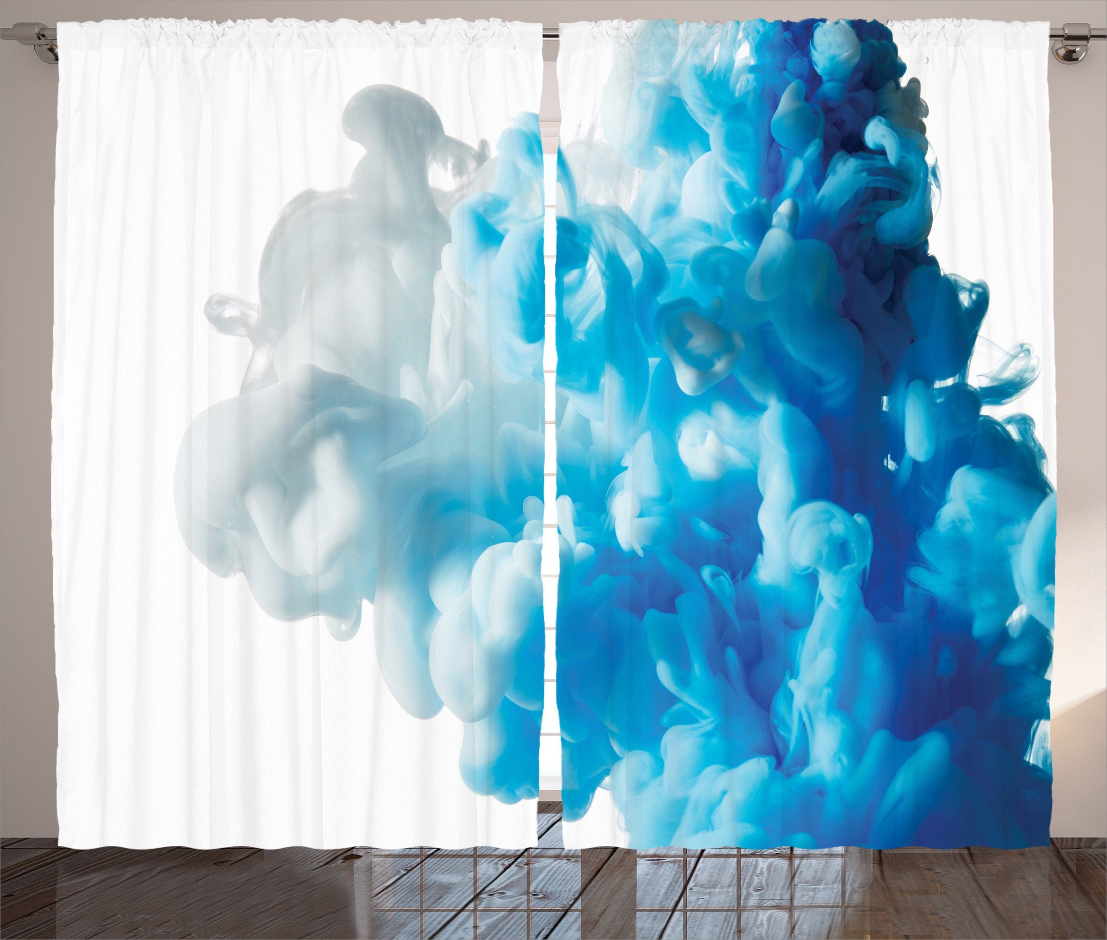 Gardine Schlafzimmer Kräuselband Vorhang mit Schlaufen und Haken, Abakuhaus, Blau Weiss Abstrakte Wolke Swirl | Fertiggardinen