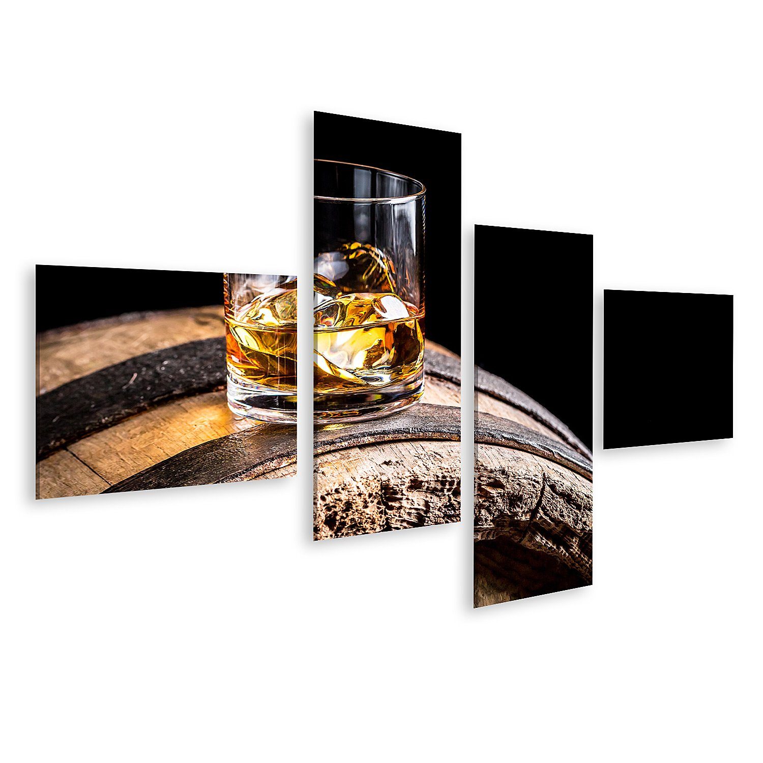 Leinwandbild Bild auf Leinwand Glas Whisky Mit Eis Auf Alten Holzfass Wandbild Lei