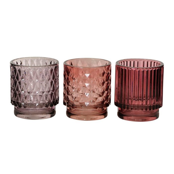 Posiwio Teelichthalter 3tlg. Windlicht RETRO flieder rosa beere D7cm Teelichthalter aus Glas (3 Farben)
