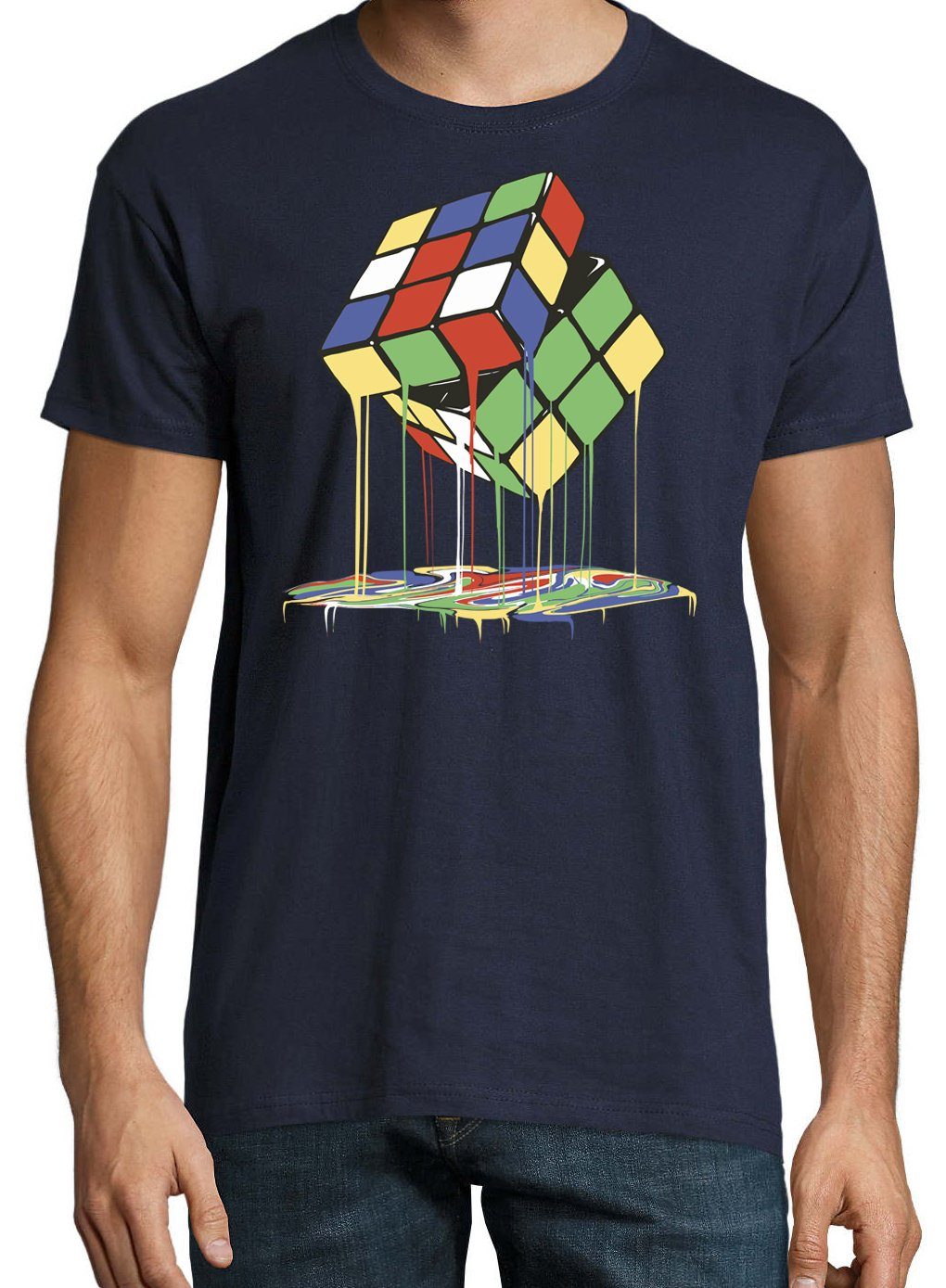 Shirt Herren T-Shirt Frontdruck Melting Trendigem Youth Designz Magic Navy mit Cube