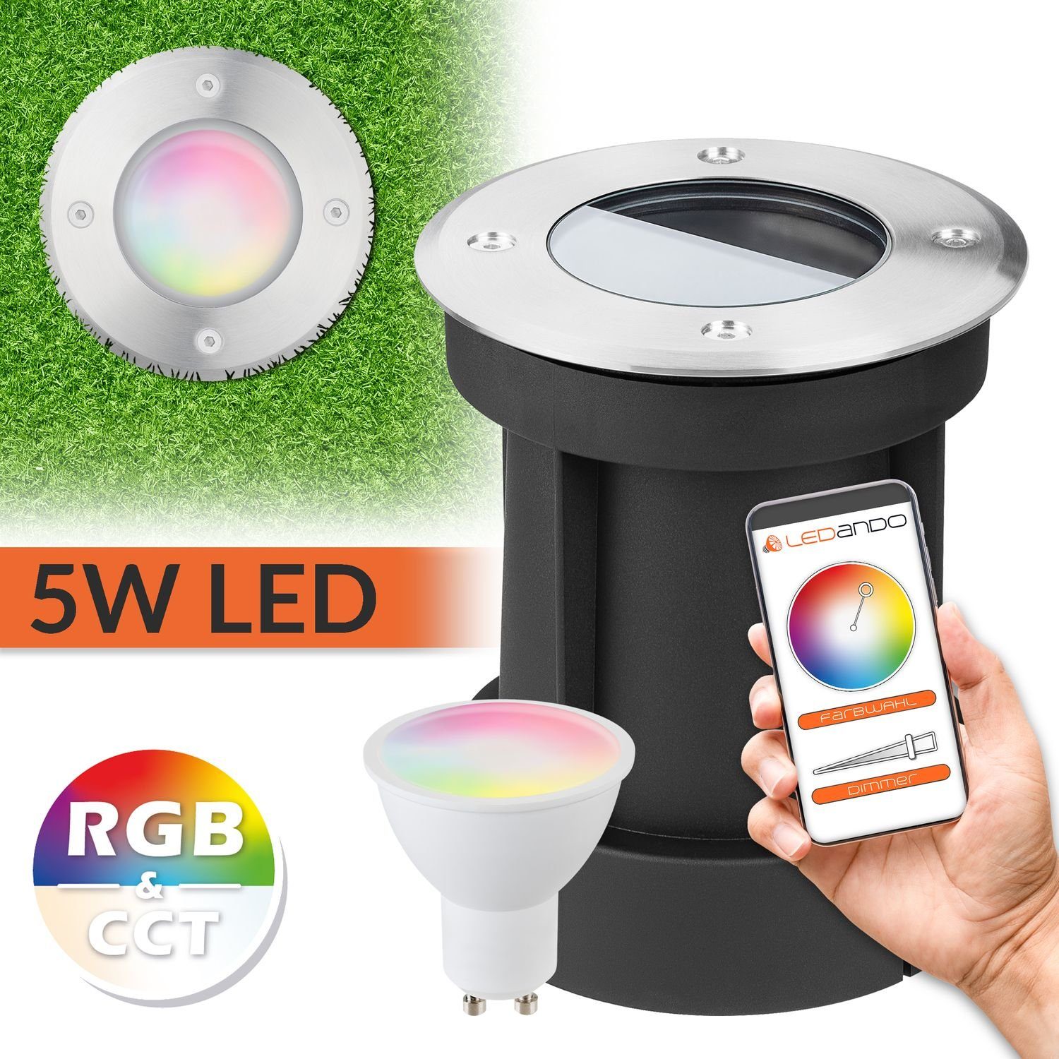 LED Bodeneinbaustrahler LEDANDO App Set - LED 5W RGB + steuerbar WiFi Einbaustrahler per - Smart
