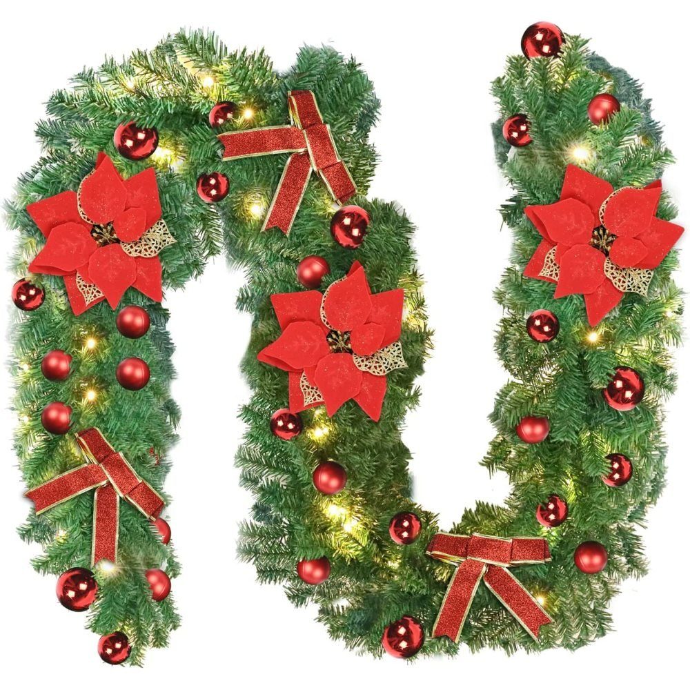Kunstgirlande »Weihnachtsgirlande mit Beleuchtung, Künstlich Tannengirlande  2,7m mit Bowknot Rot Kugeln Blume inkl.Deko, Weihnachtskranz«, longziming