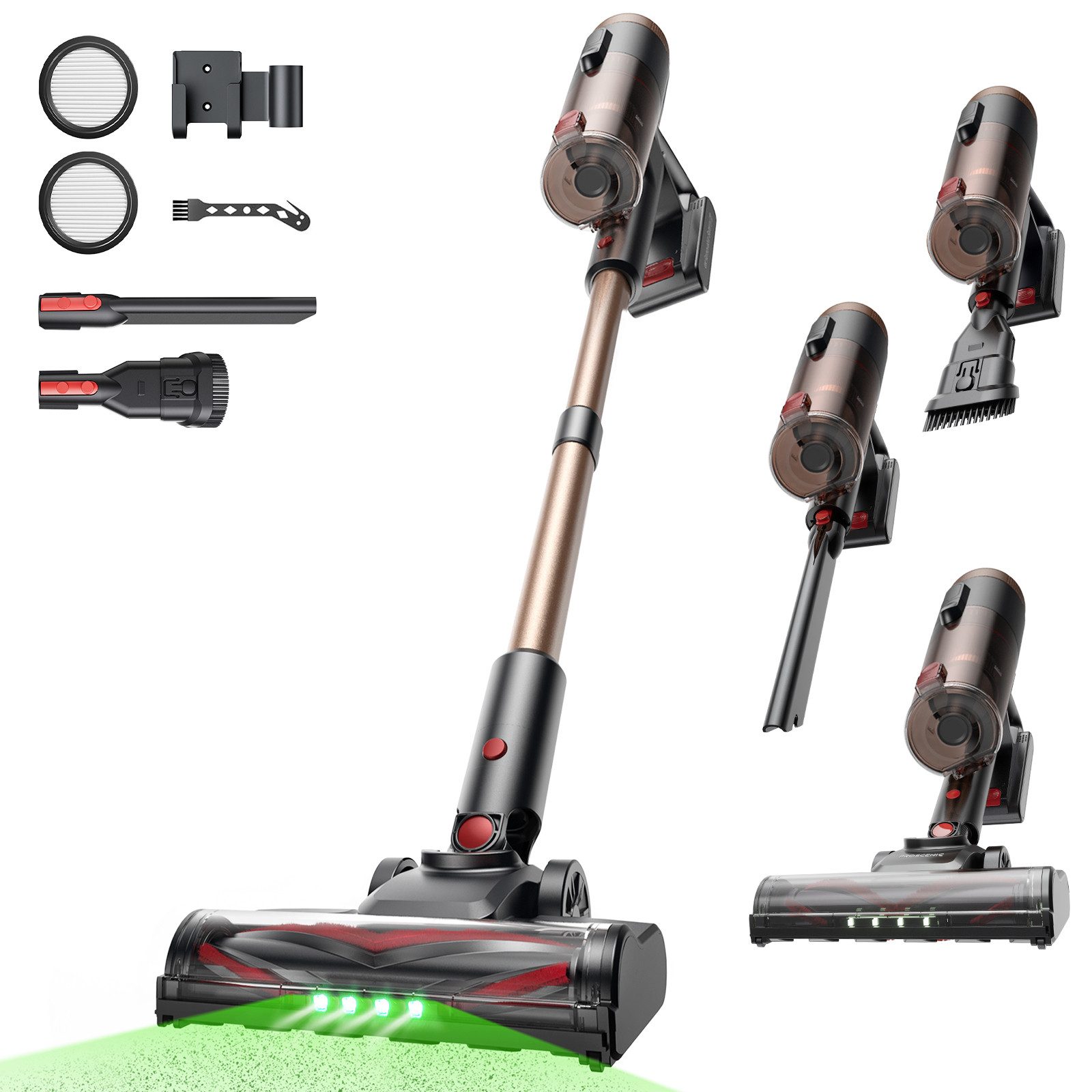 Proscenic Akku-Hand-und Stielstaubsauger 70kPa 550W Akku Staubsauger,50 Min,Grünes Licht Sichtbares Staub, 550 W, beutellos, 5in1 Filtersystem,Leise & Kabellos für Tierhaare,Boden,Teppich