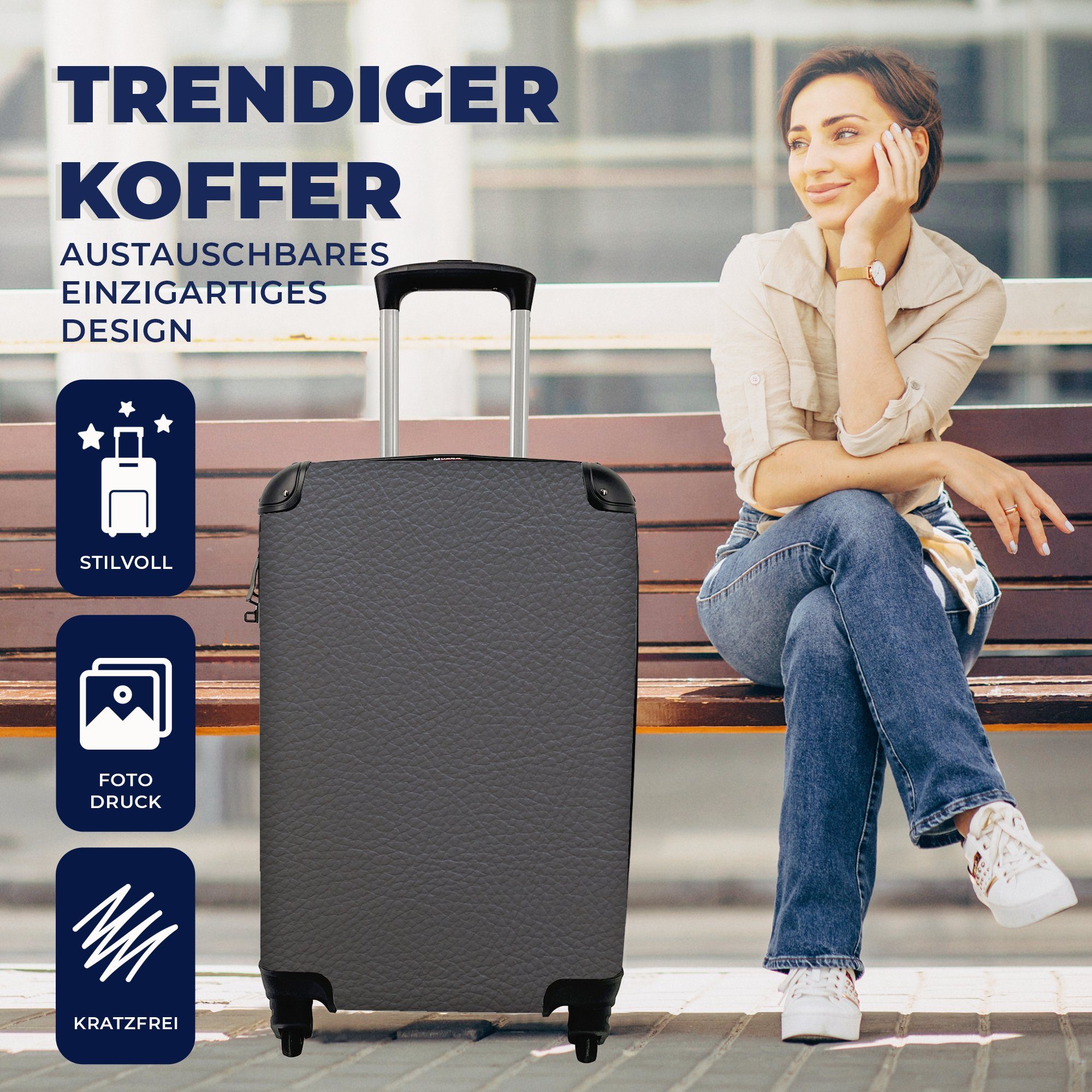 4 Trolley, Ferien, - - Leder-Optik MuchoWow - mit Reisetasche Reisekoffer Handgepäckkoffer für Handgepäck Rollen, Grau, rollen, Strukturiert Leder