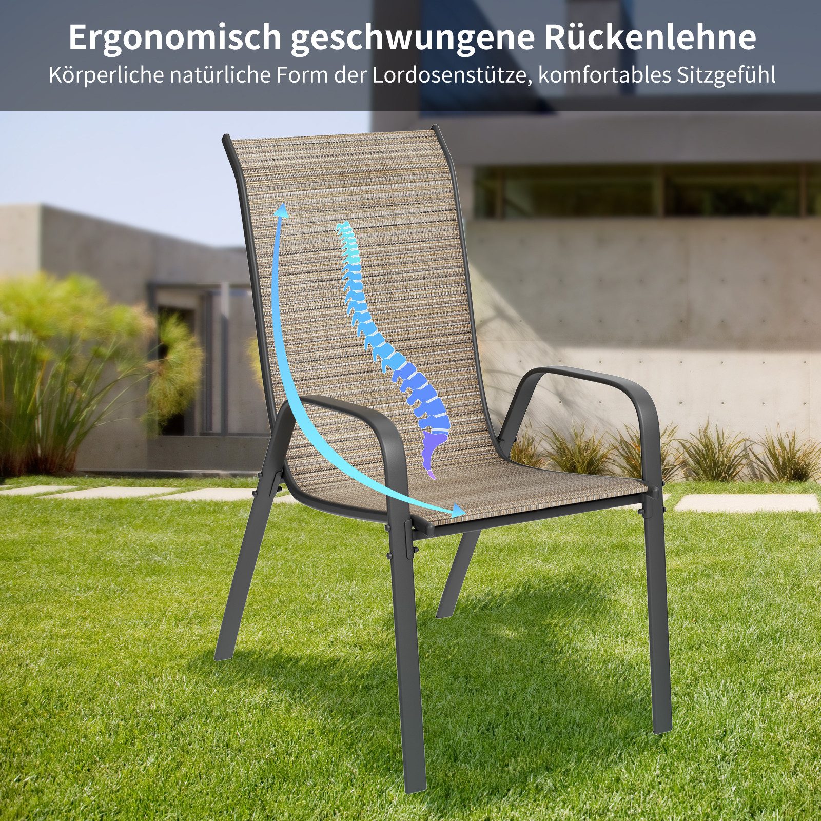 TLGREEN Stapelstuhl Gartenstühle Stapelstuhl,Camping Stapelbar Hochlehner, (Terrassenstuhl Textilene Stahlgestell für Gärten Innenhöfe Balkone Restaurants, 6 St – Bild 4 von 5