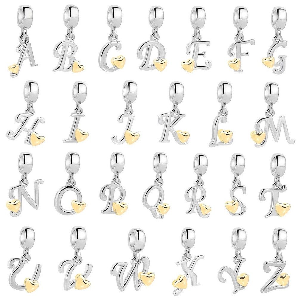 PANDACHARMS Buchstabenanhänger Buchstabe A-Z mit goldenem Herz für Charm Armband, 925 Silber
