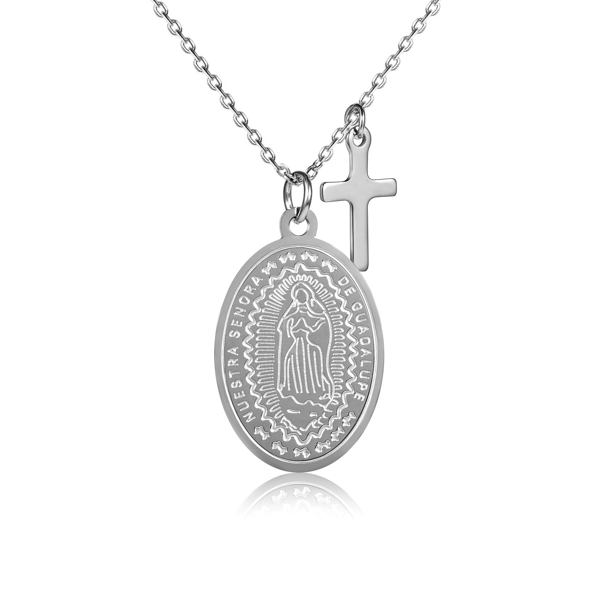 Kim Johanson Kette mit Anhänger Marienbild Kreuz Glaube Religion, aus Edelstahl Silber