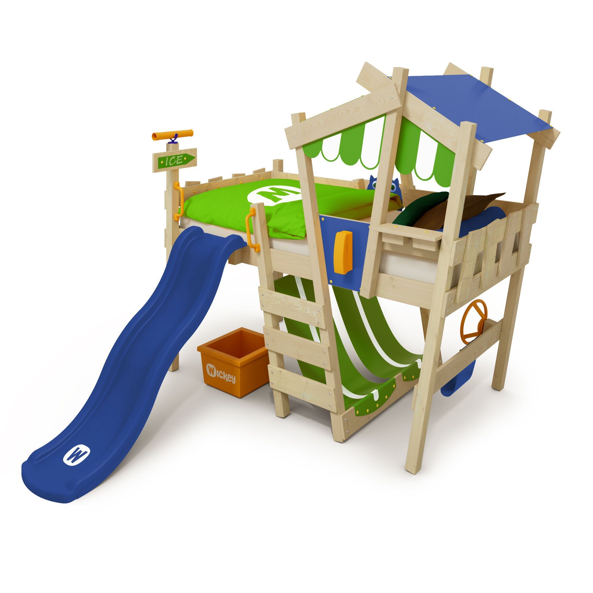 Wickey Kinderbett Crazy Hutty - Spielbett mit Rutsche 90 x 200 cm, Etagenbett (Holzpaket aus Pfosten und Brettern, Spielbett für Kinder), Massivholzbett Blau/Apfelgrün/Blau