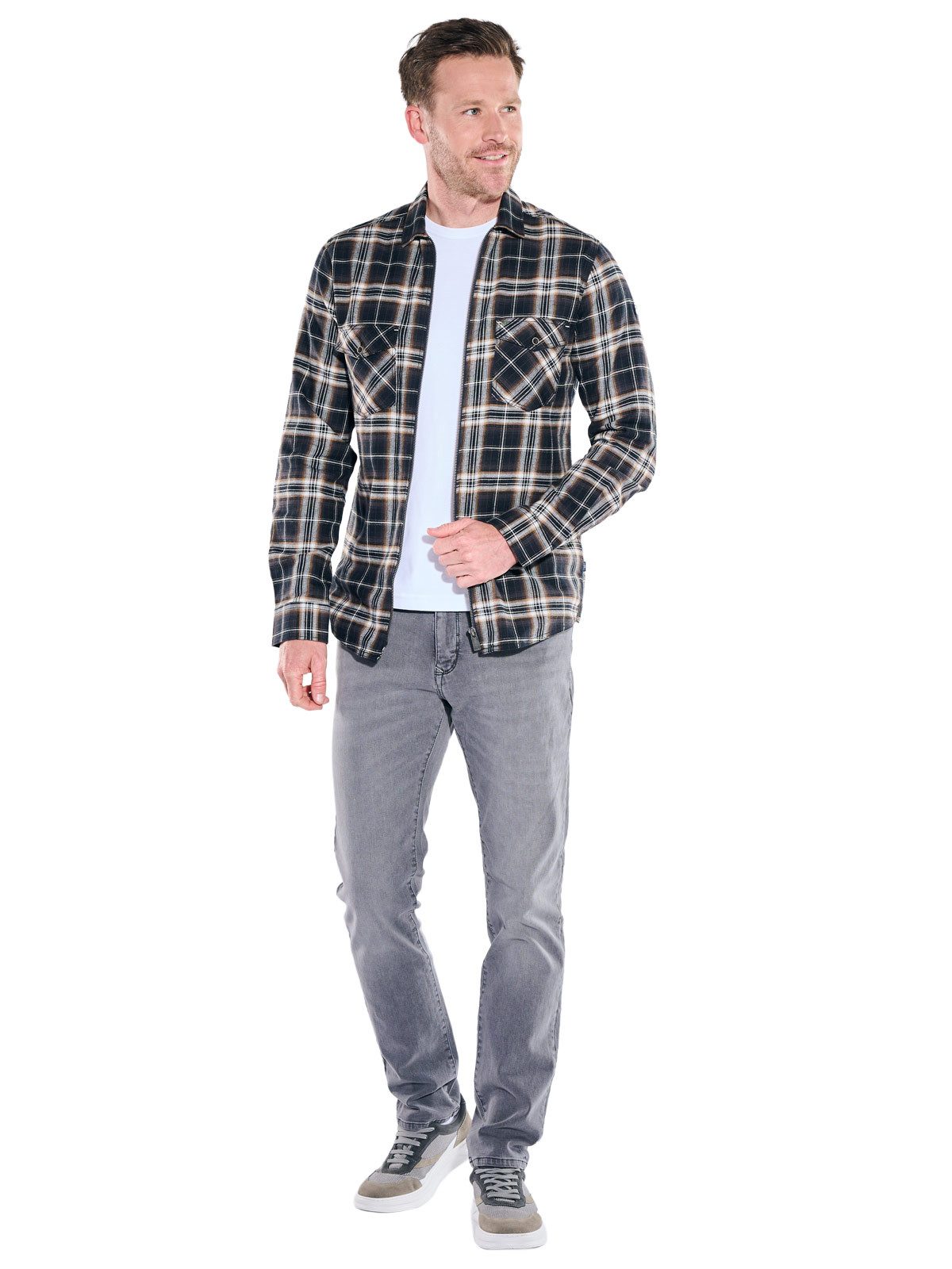 Engbers Langarmhemd Herren Karo Overshirt mit Reißverschluss, Schwarzbraun