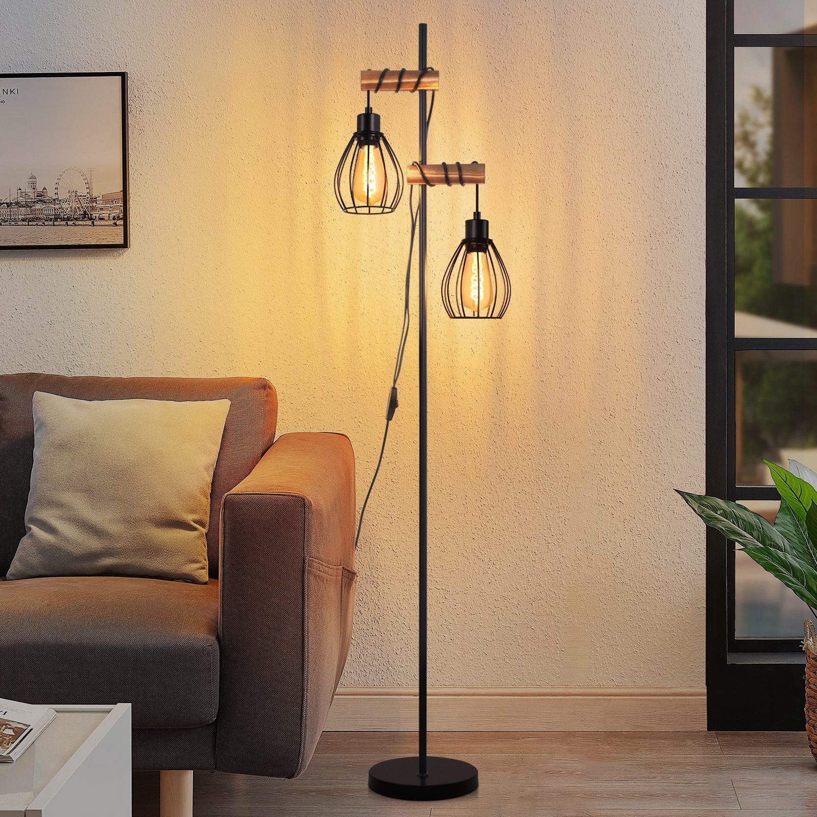 Nettlife Stehlampe Vintage Holz in Schwarz 151cm 2-flammig Stehleuchte, LED wechselbar, für Wohnzimmer schlafzimmer Esszimmer Büro