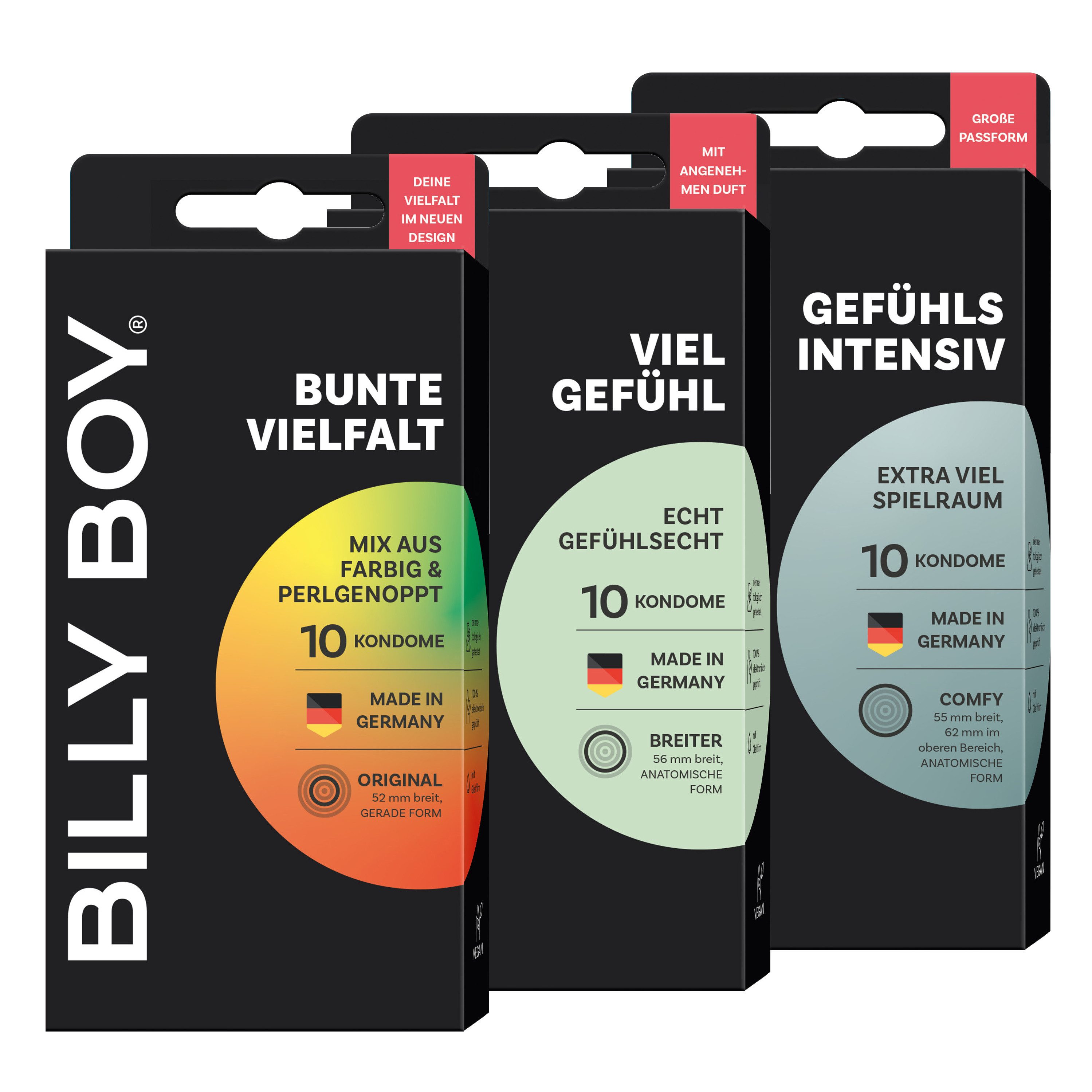 Billy Boy Einhand-Kondome Bunte Vielfalt - Viel Gefühl - Gefühlsintensiv 3 x 10 Stück Ausprobierset, 30 St., 3 x 10 Stück, Gefühlsintensiv