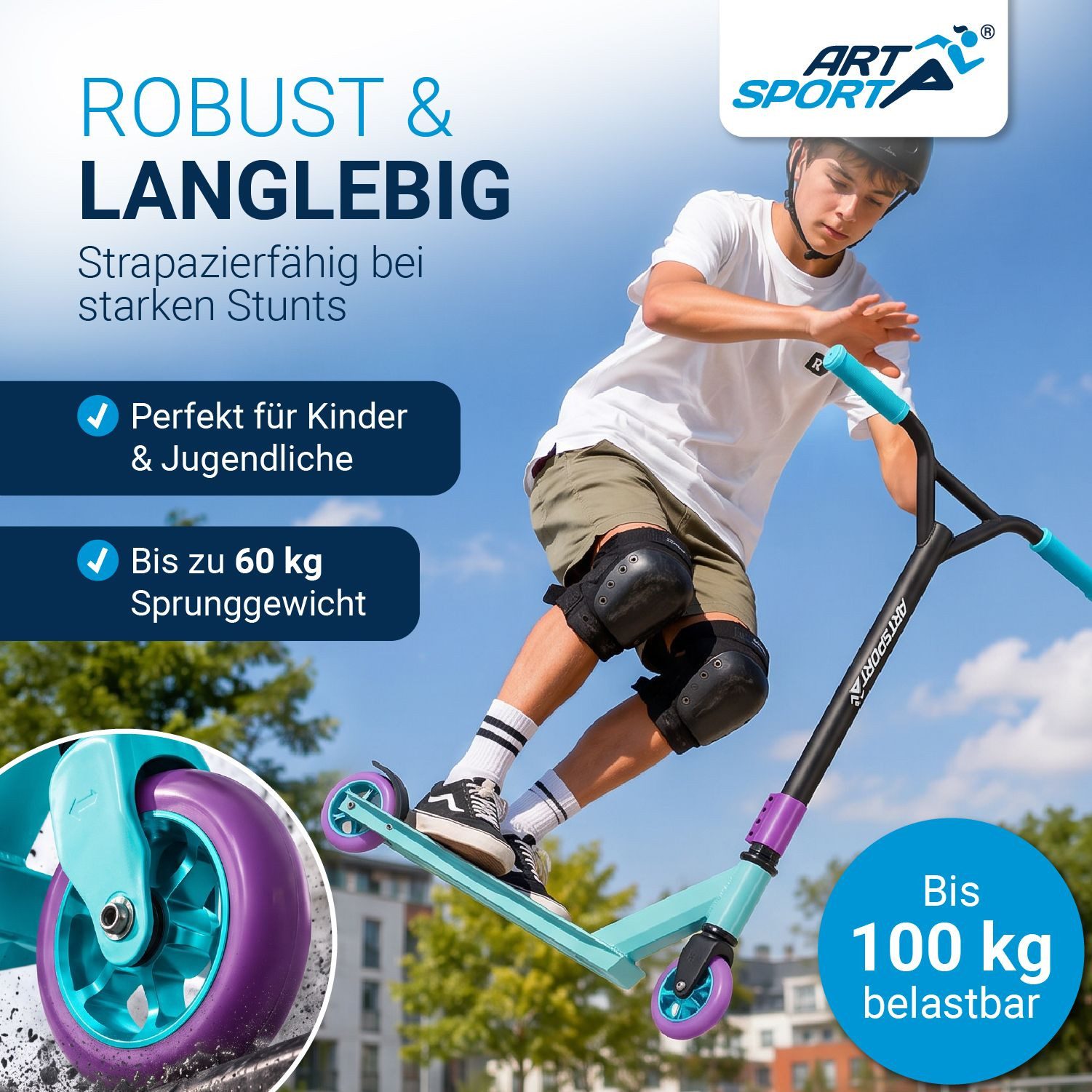 ArtSport Stuntscooter Retro Purple, Alu Core, 360°-Lenker mit TPR-Grips, stabil und leicht – Bild 4 von 5