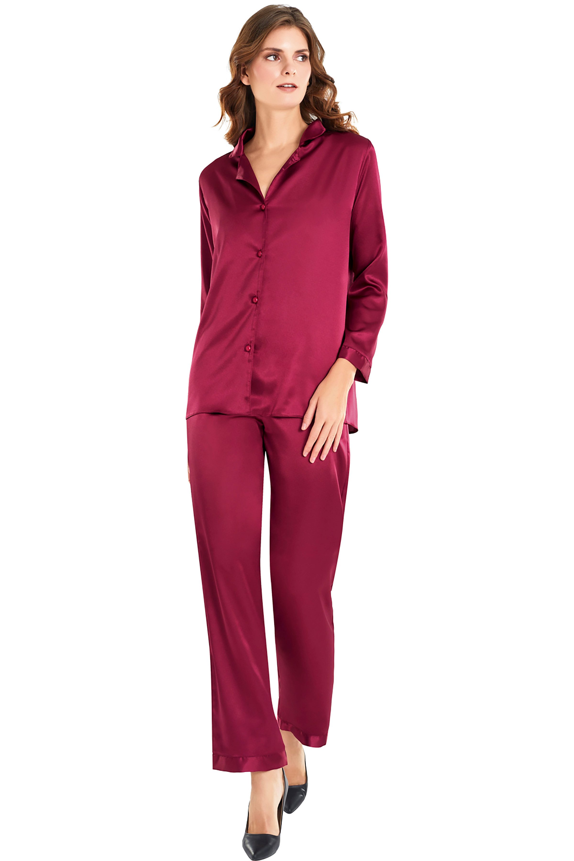 Pyjamahose Zweiteiliges Satin-Pyjama-Set mit Knopfleiste günstig online kaufen