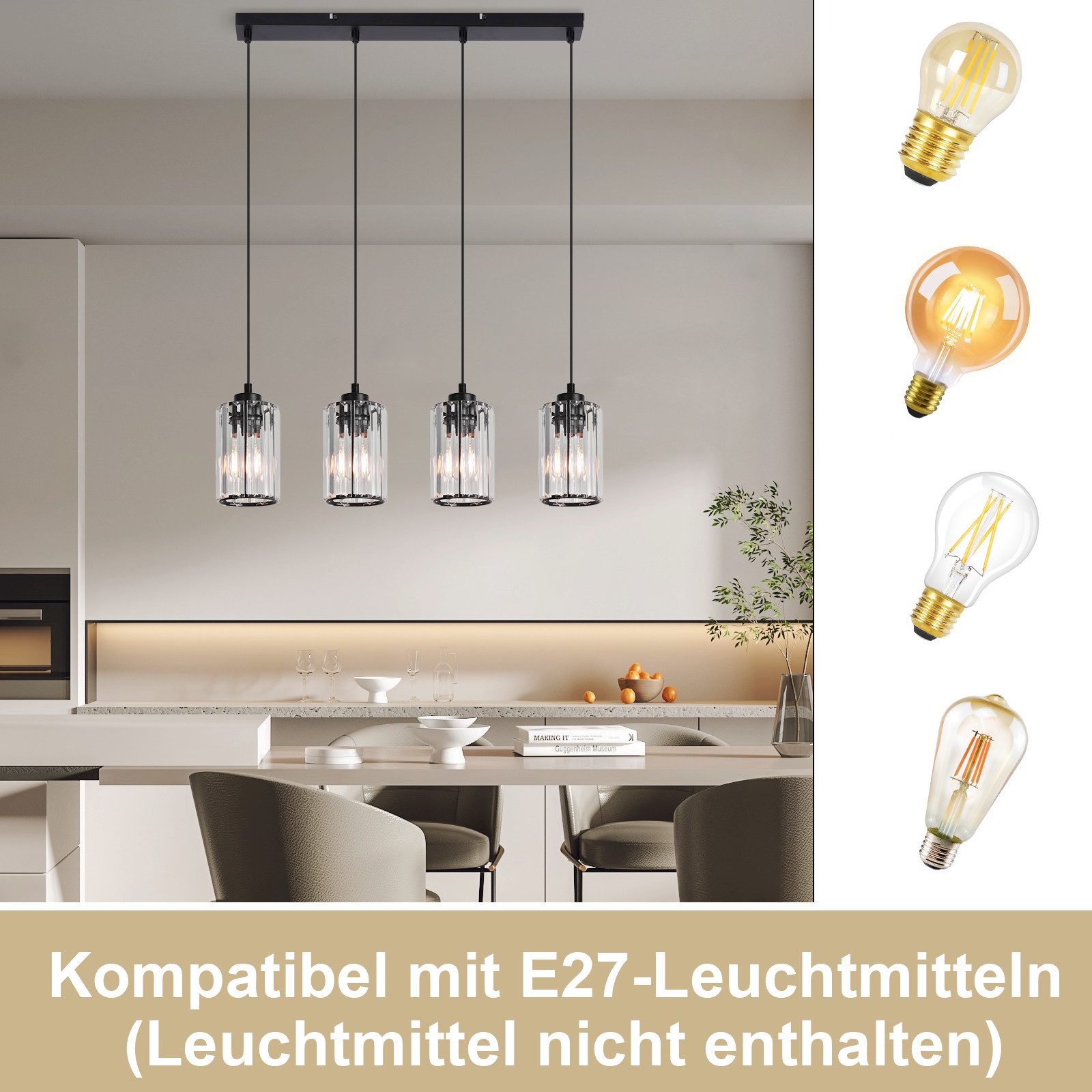 ZMH Pendelleuchte Esstisch 4-flammig, schwarze Hängeleuchte mit Rauchglas, 4 x E27, ohne Leuchtmittel, höhenverstellbare Hängelampe für Esszimmer und Kücheninse – Bild 2 von 5