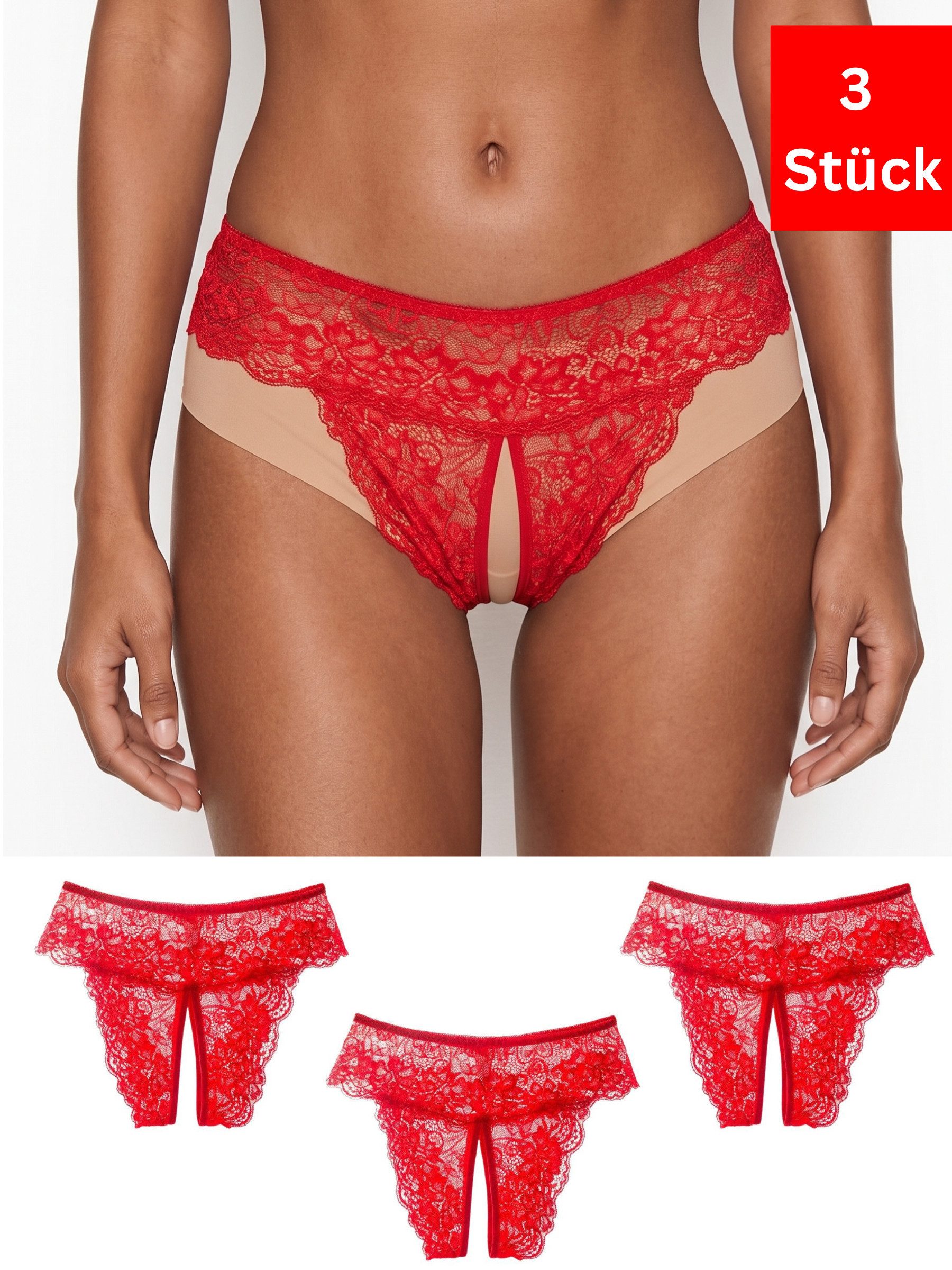 Elegant Love Slip-Ouvert Damenslip Höschen mit offenem Schritt, Spitze-Tanga, Sexy Unterwäsche (3-St) Dessous in Spitzenoptik, Lingerie für Damen