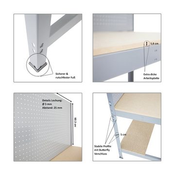 PROREGAL® Werkbank Werkbank Quick-Buffalo mit Werkzeugwand, HxBxT 84x120x61cm, Grau, (mit Werkzeugwand, HxBxT 84x120x61cm, Traglast 600kg, Blau oder Grau, 0-tlg)