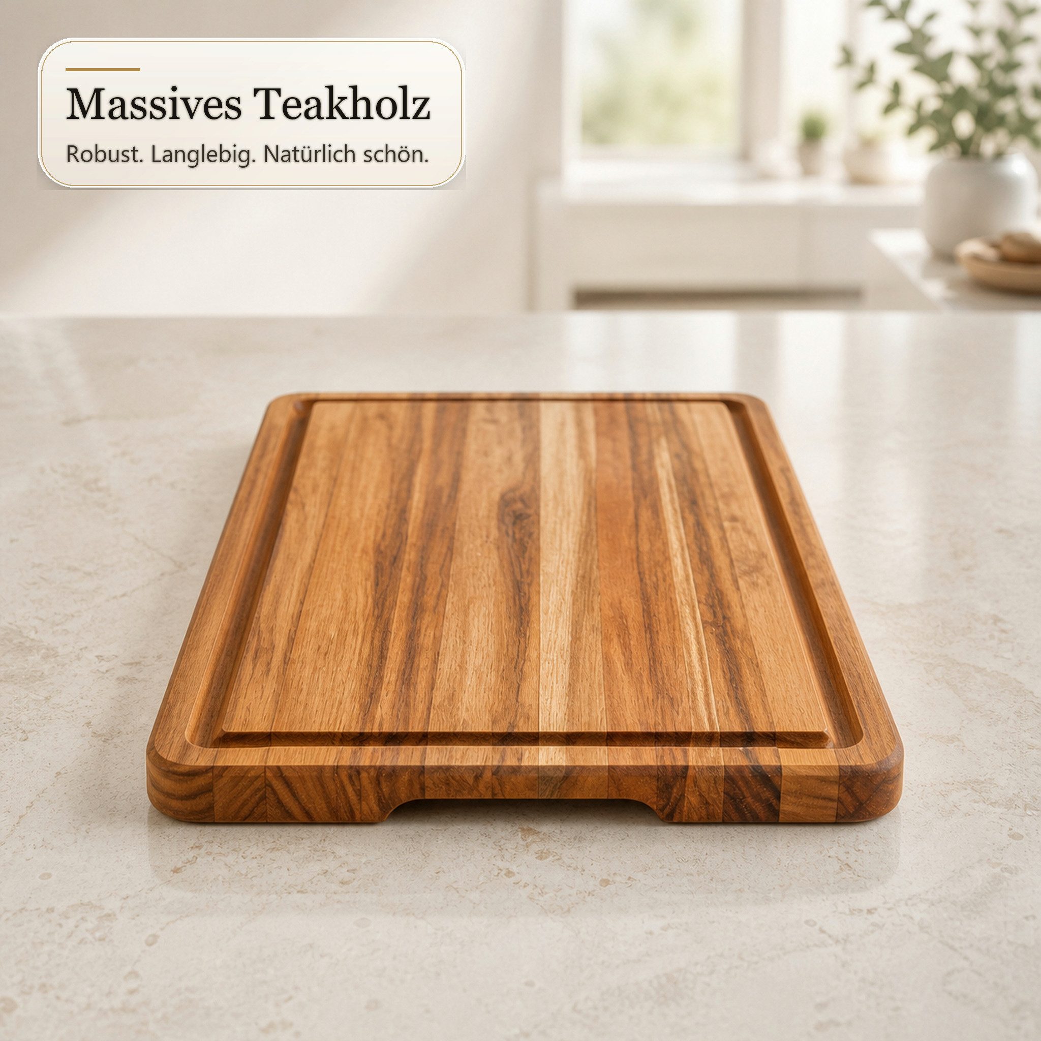 Floordirekt Schneidebrett Maison Teak Edge Grain massives Teakholz mit Saftrille Griffmulden, (Einzelartikel, 1-teilig), Naturholz,3 Größen – Bild 4 von 5