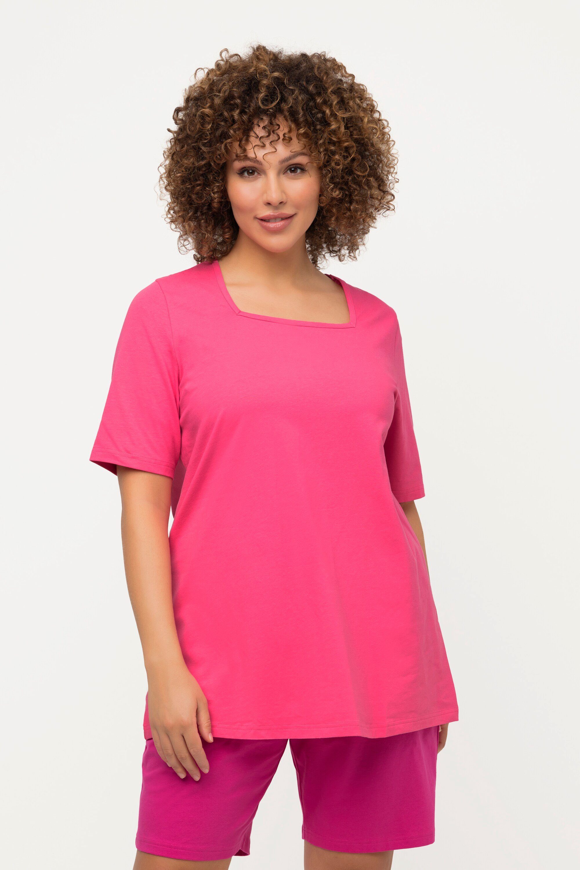 Ulla Popken Rundhalsshirt T-Shirt A-Linie Carree-Ausschnitt Halbarm rosa