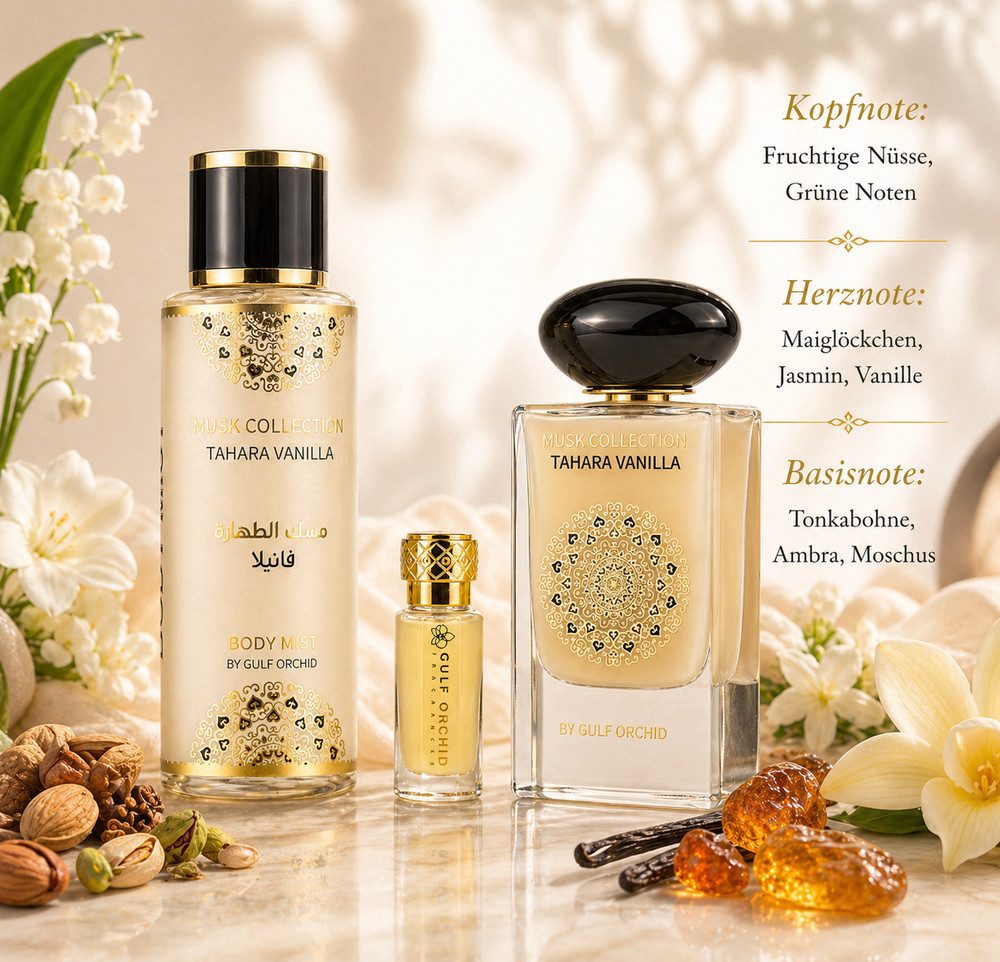 Gulf Orchid Duft-Set Tahara Vanilla EDP Geschenkset 3 teilig + Parfümzerstäuber (leer) Set