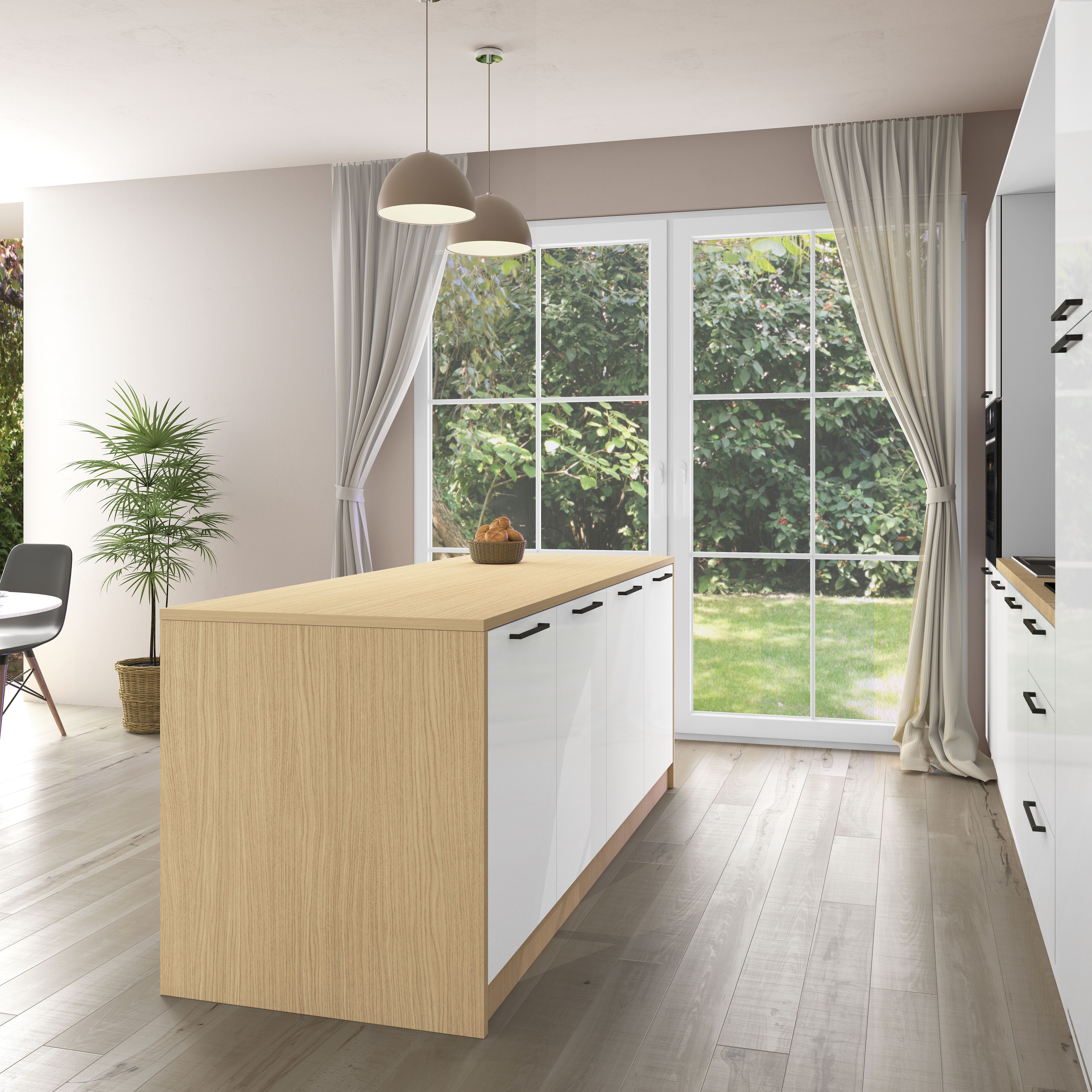 KOCHSTATION Kücheninsel KS-Luna, Breite 225 cm, 4 Türen, 8 Innenfächer, 4 Essplätze, gedämpfte Türen