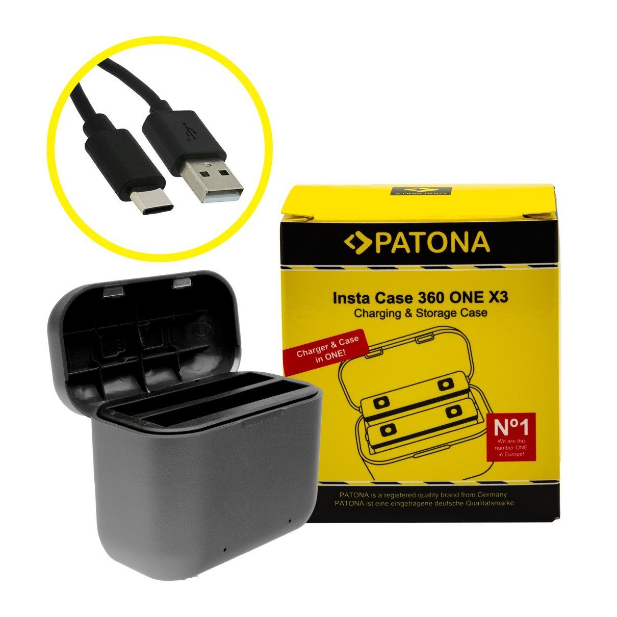 Patona Dual Ladebox für Insta 360 ONE X3 Kamera-Ladegerät (750,00 mA, 1-tlg., CINAQBT/A inkl. USB-C Kabel)