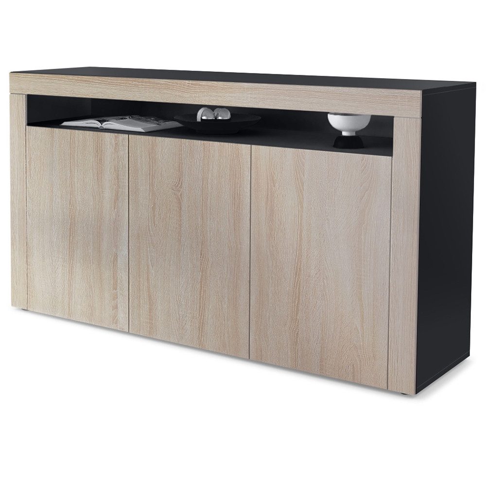 Vladon Sideboard Valencia (Sideboard, mit 3 Türen und 1 offenem Fach), Schwarz matt/Eiche sägerau/Eiche sägerau (155 x 92 x 40 cm)