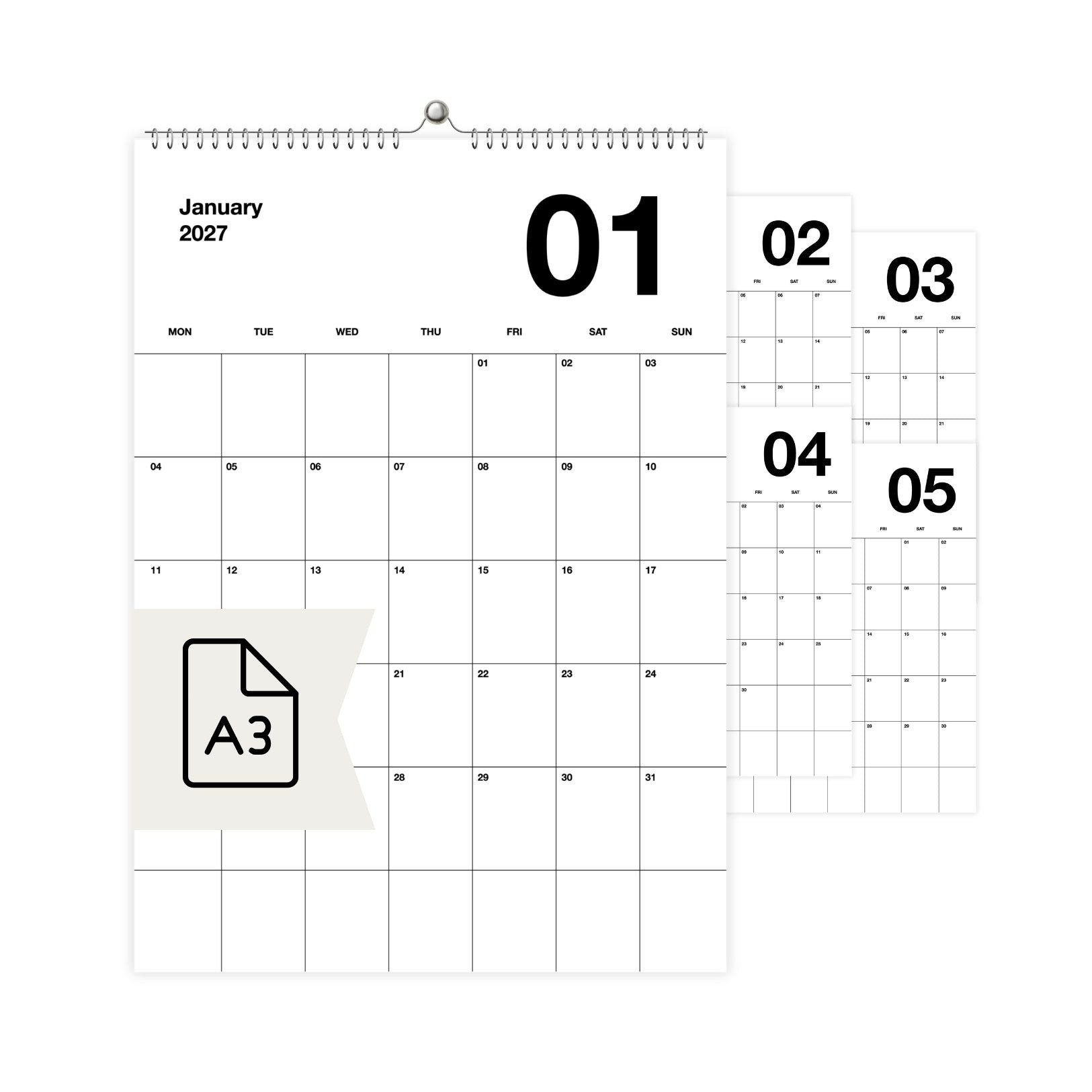 heaven+paper Jahresplaner A3 Minimalistischer Design Wandkalender 2027 Black, Hergestellt in Deutschland