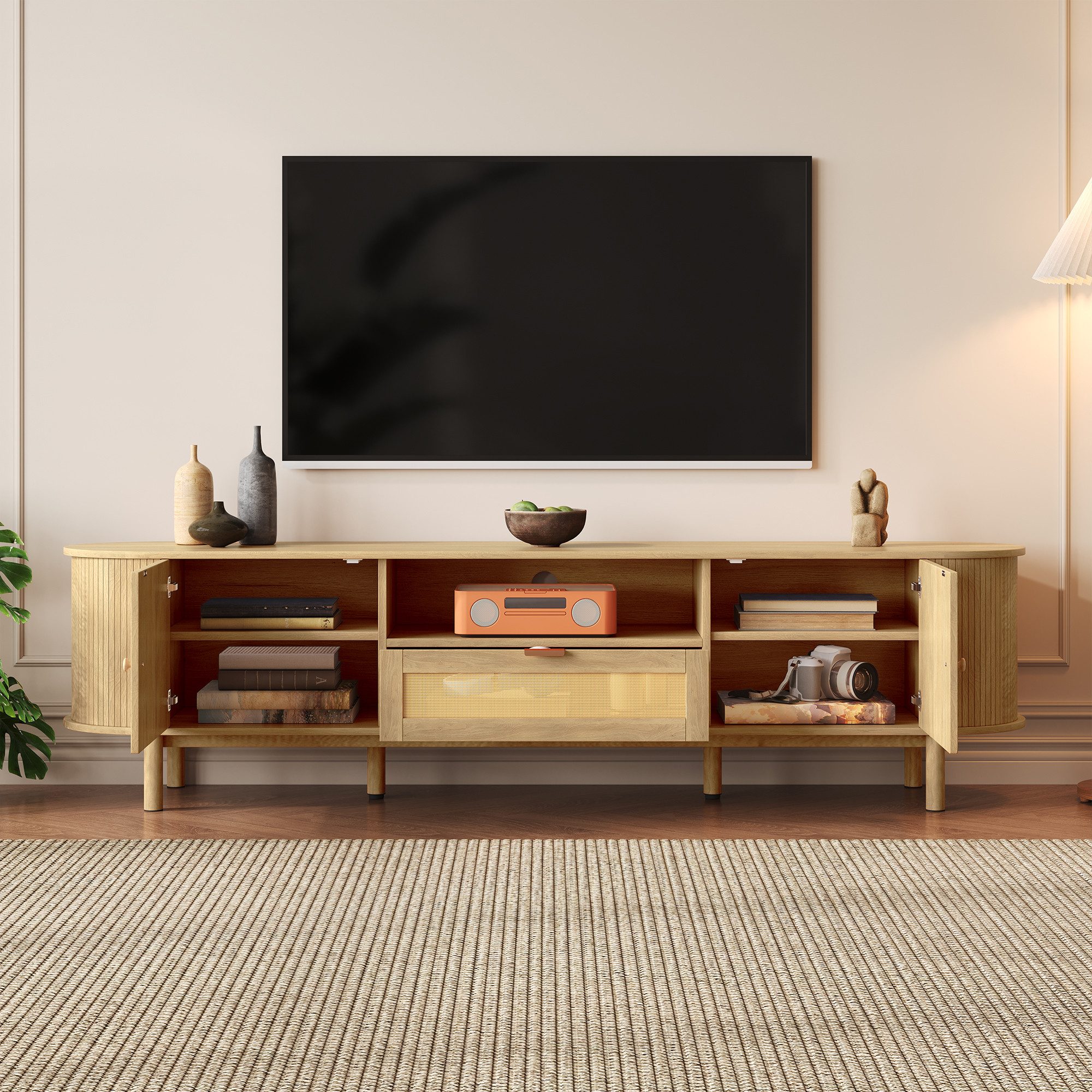 Odikalo Lowboard TV-Schrank TV-Bank mit Rattan - Schubladen (Moderner TV-Schrank, Lowboard mit Rattan-Schubladen mit offenen Fächern, abgerundeter Tischplatte, Metallbeinen in Holzoptik, multifunktionales Wohnzimmermöbel)