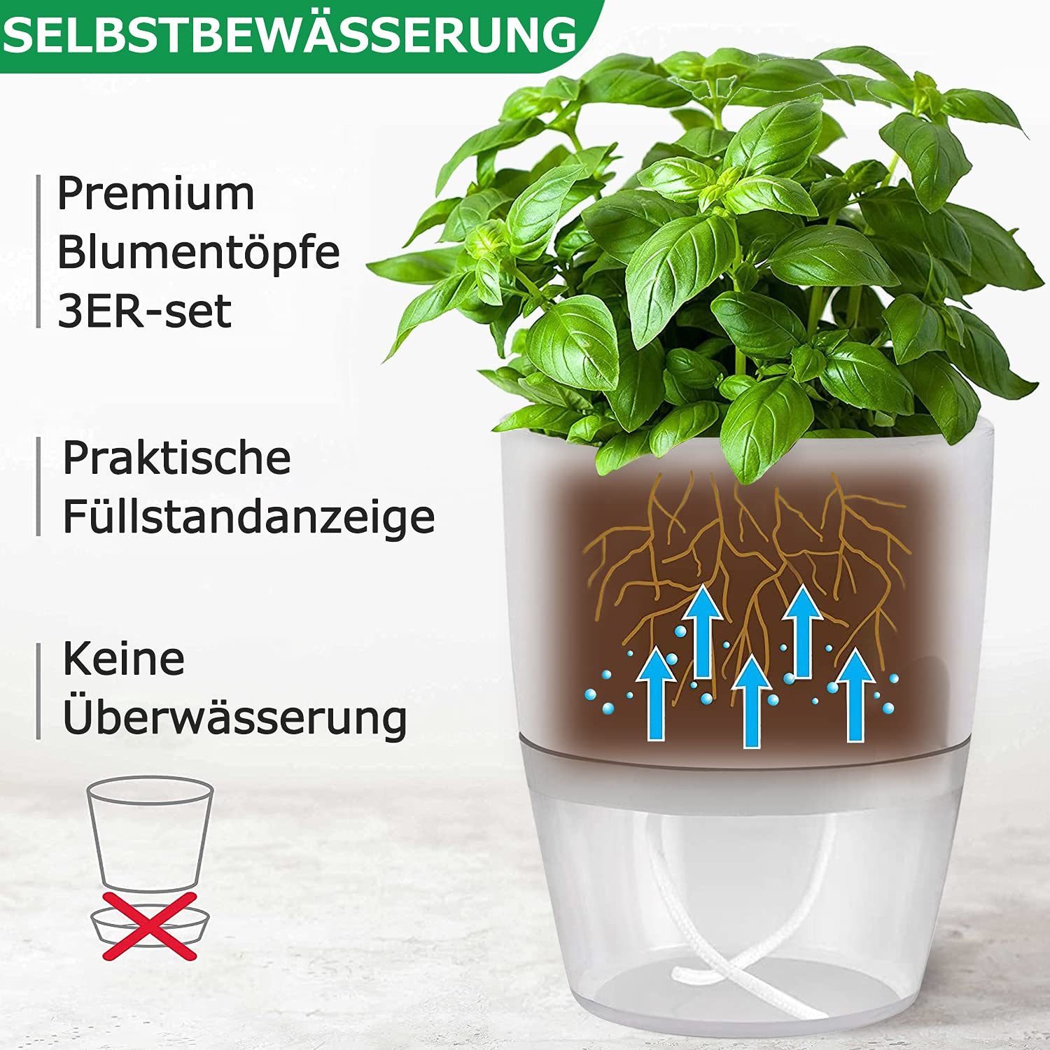 SURFOU Kräutertopf Blumentopf Selbstbewässerungstopf Pflanzentopf küche 3er-set Plantpot (Mit Wasserreservoir mit Bewässerungsseil sorgt, Wasserstandsanzeige, Robuster Kunststoff, hitze- und kälteresistent, Kräutertopf für Zimmerpflanzen, Blumen und Kräuter, 3 St., 3 Kräutertöpfe, Weiß/Grau, Ø15,3cm), für fensterbank innen, Küche, Balkon und Schlafzimmer.