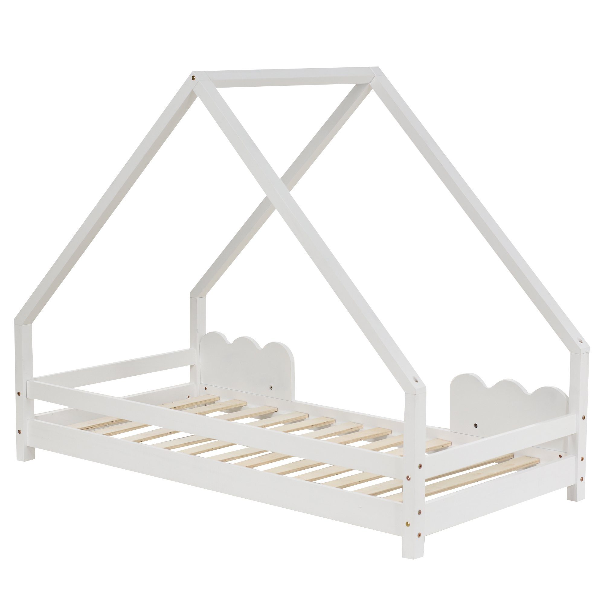 Einzelbett (1-tlg., Massivholzbett Kinderbett), Hausbett 80x160cm mit Rausfallschutz & Lattenrost, Hausoptik mit Dach