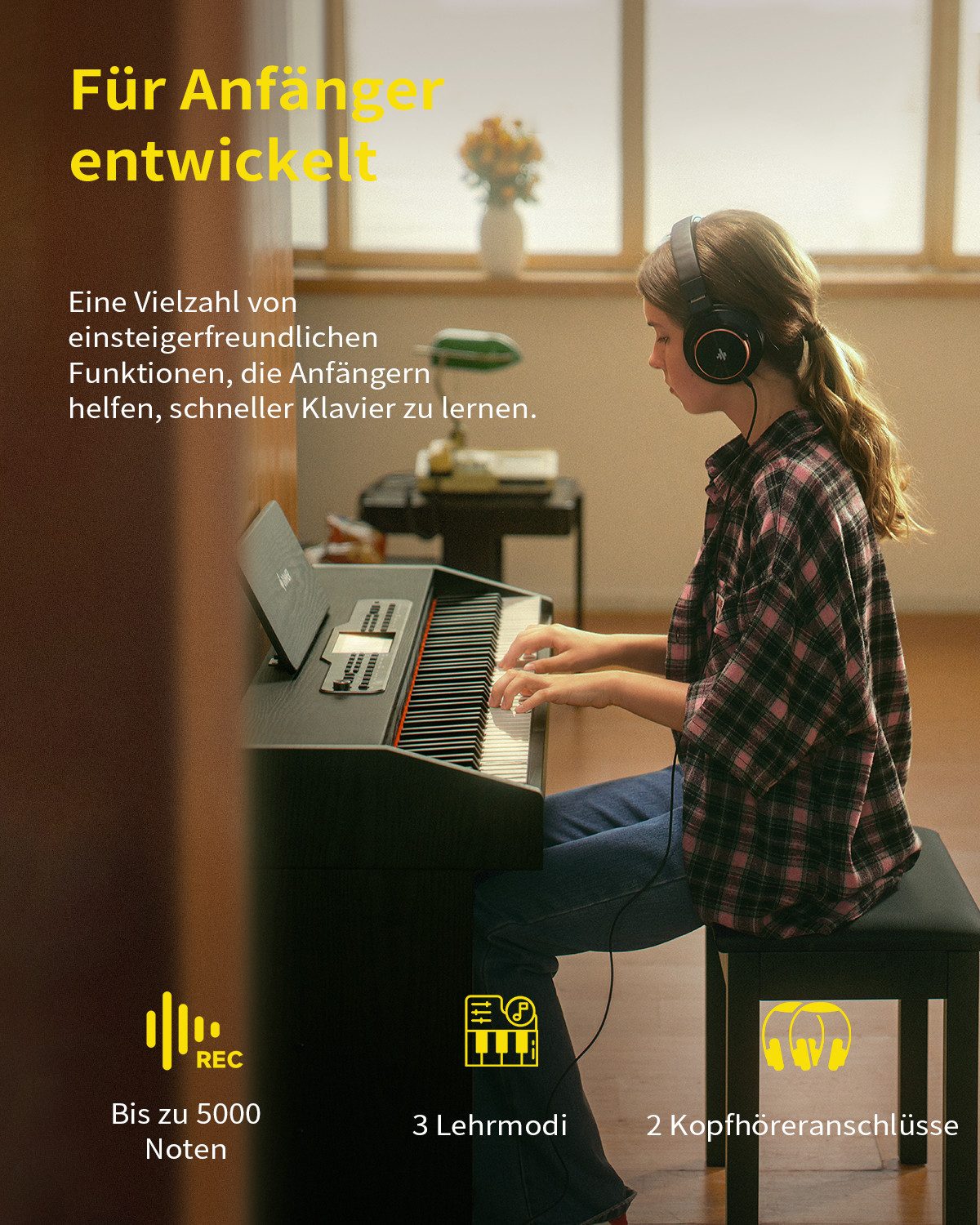 Donner Digitalpiano DDP-95 88 Tasten mit Hammergewicht 610 Soundvarianten Bluetooth (Set), Drahtlose Verbindung, Aufnahme 4,3-Zoll-LCD-Display