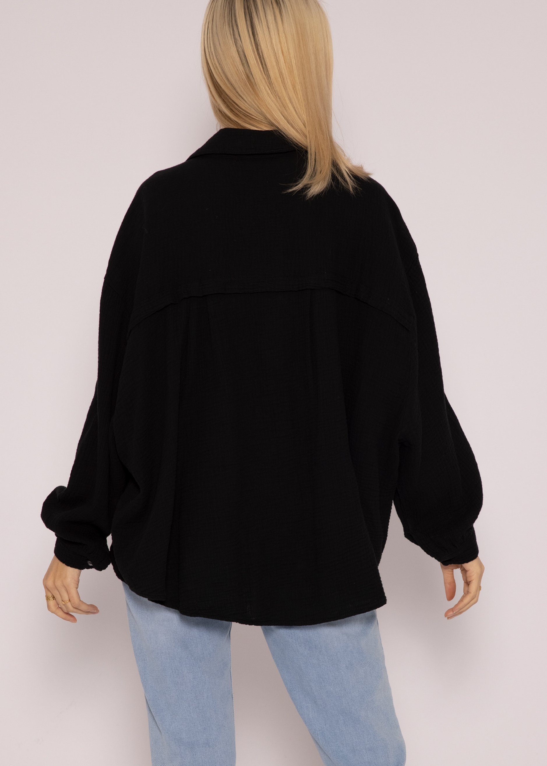 lang One Schwarz 36-48) (Gr. Bluse Size Oversize Langarm aus Baumwolle Damen mit Musselin Hemdbluse SASSYCLASSY Longbluse V-Ausschnitt,