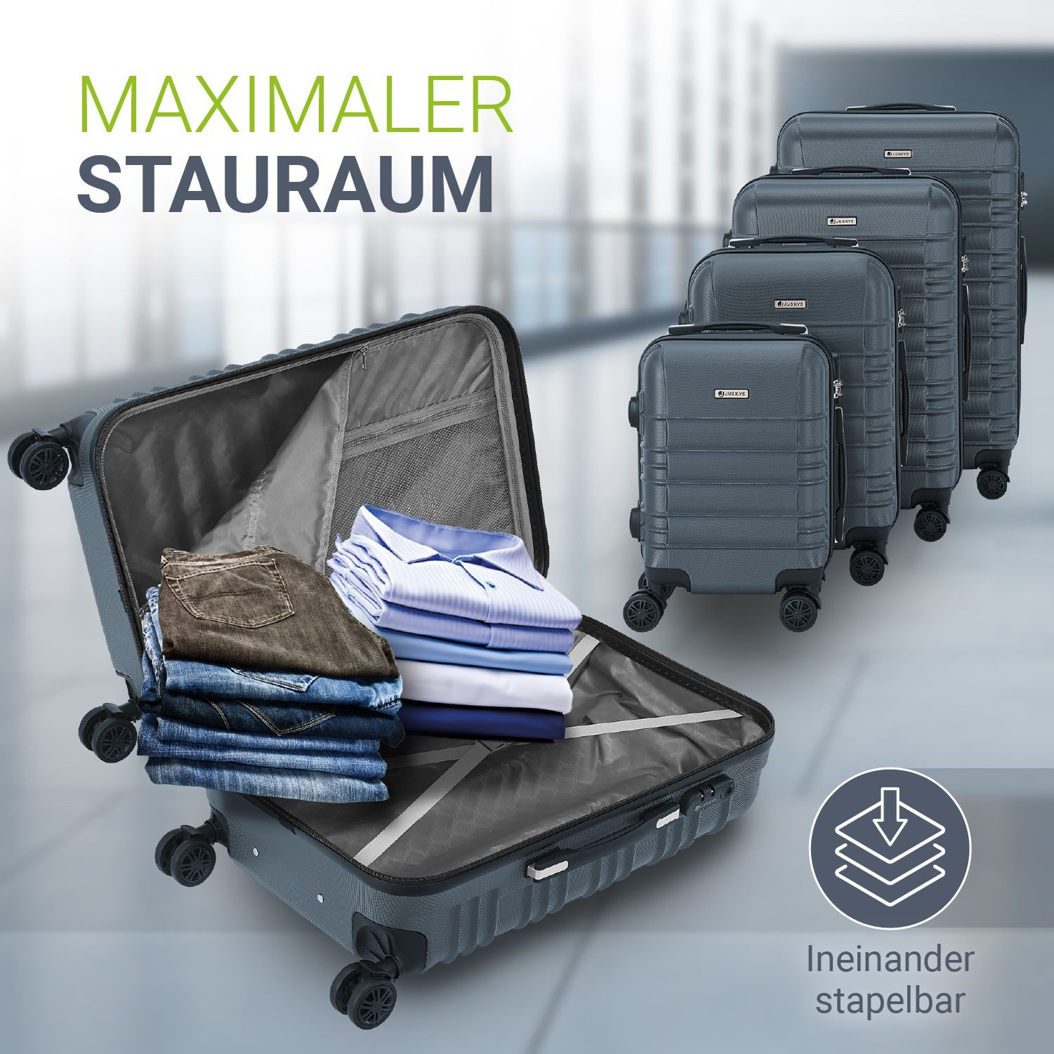 Juskys Trolleyset Rom, 4 Rollen, (4 tlg., 4-teilig), 4 Koffer, 360° Rollen, robuste Hartschale, mit Zahlenschloss