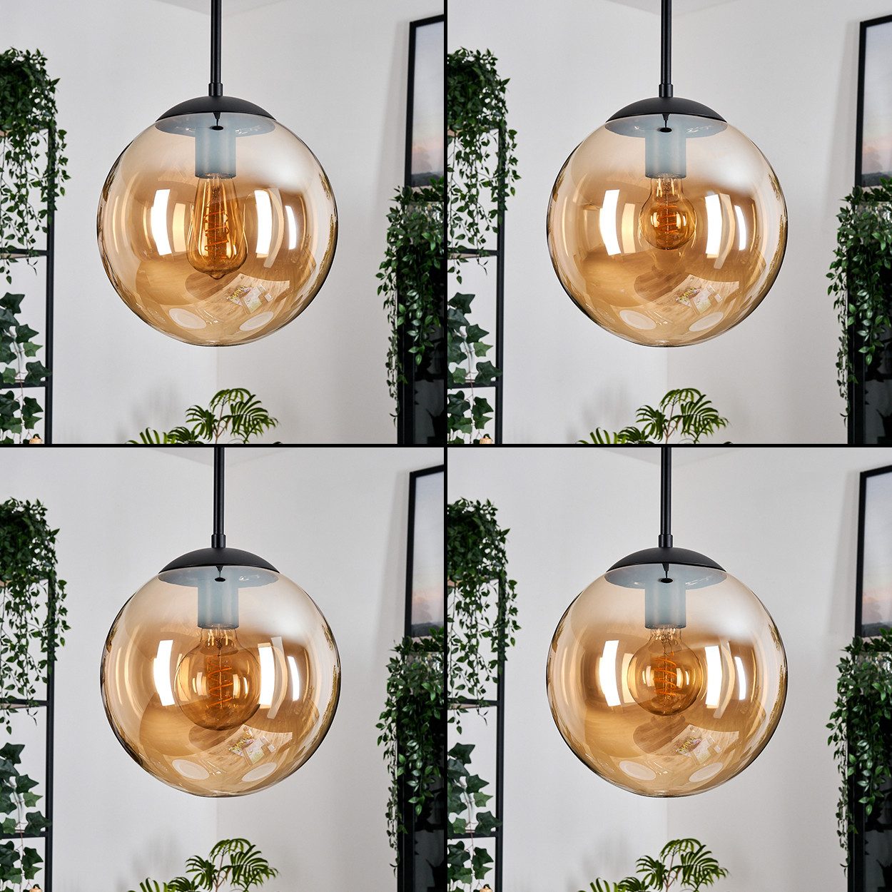 hofstein Hängeleuchte Retro/Vintage Hängelampe aus Metall/Glas in Schwarz/Bernsteinfarben, ohne Leuchtmittel