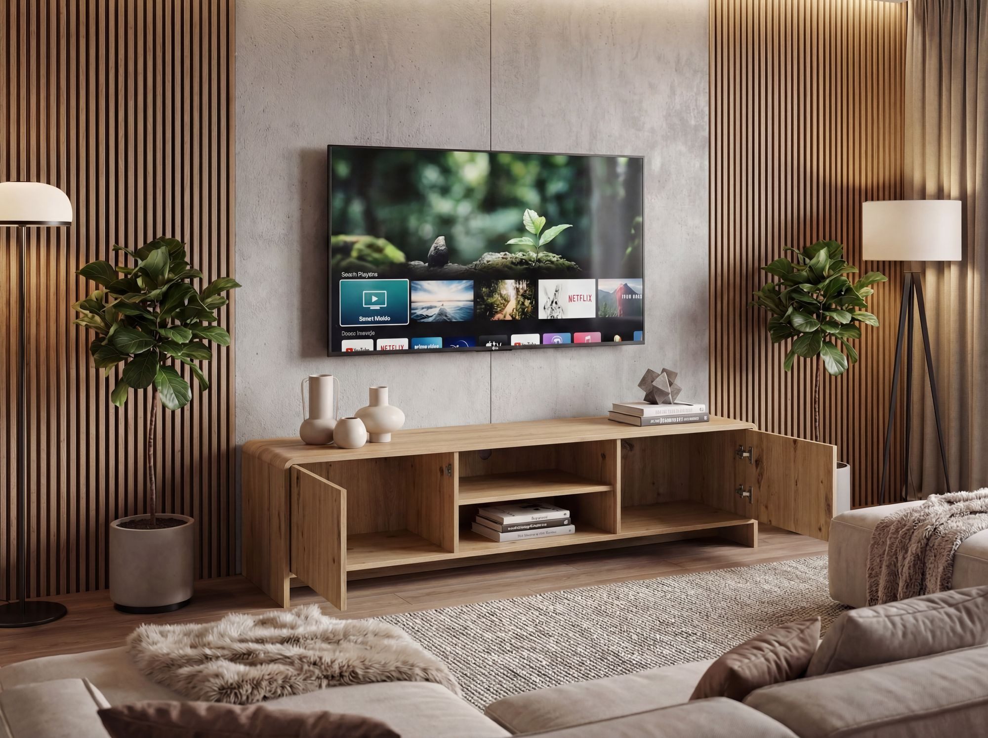 FINEBUY Lowboard FB117891 TV Board Fernsehschrank TV Kommode in Eiche Dekor 155cm (Praktisches Phonomöbel mit Kabeldurchlass), Viel Stauraum dank zwei nützlicher Türfächer