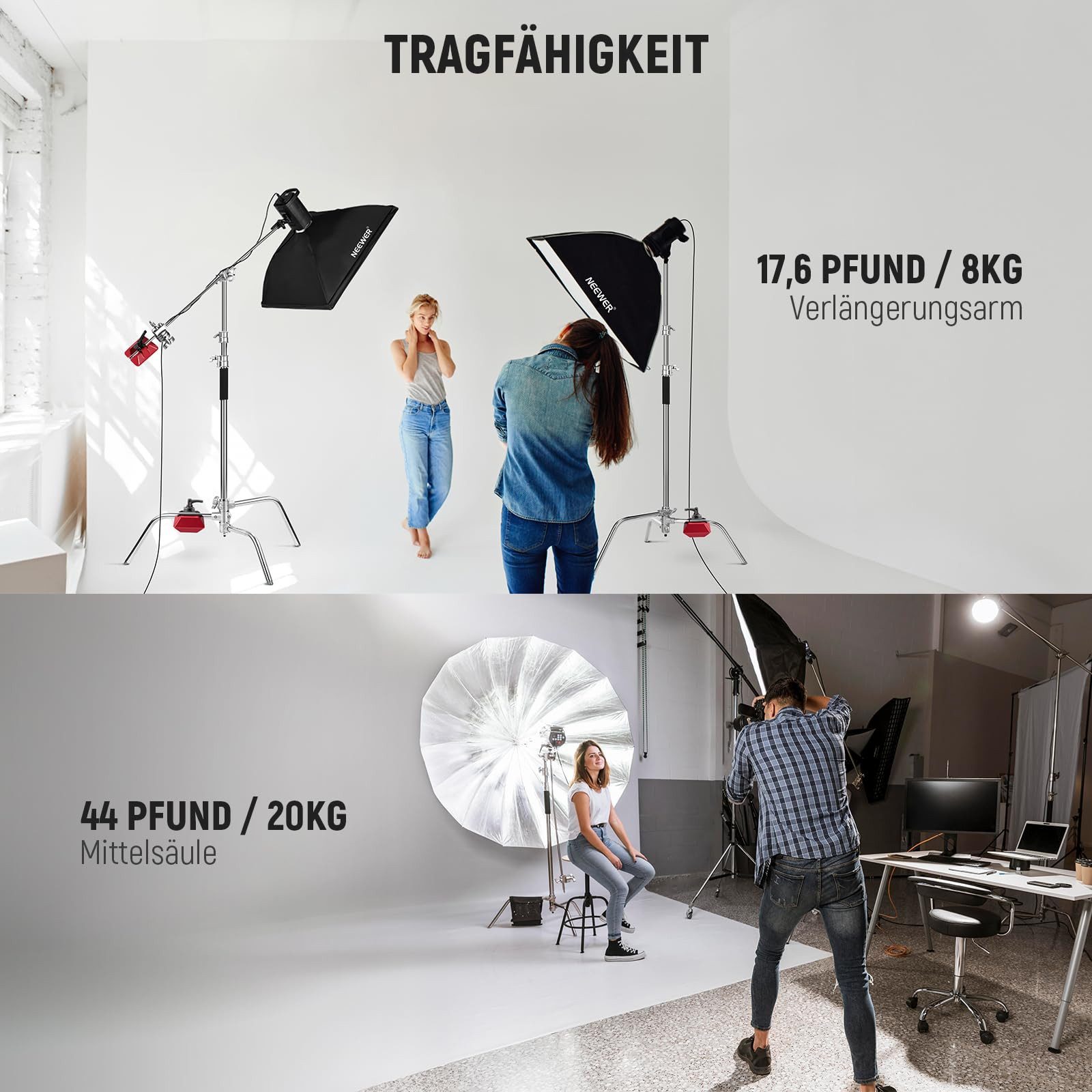 Neewer 100% Edelstahl Heavy Duty C Ständer mit Arm, SC320 Lite Lampenstativ (320cm Fotografie Lichtstativ, 128cm Trag Boom Arm, 2 Griff Köpfe) – Bild 4 von 5