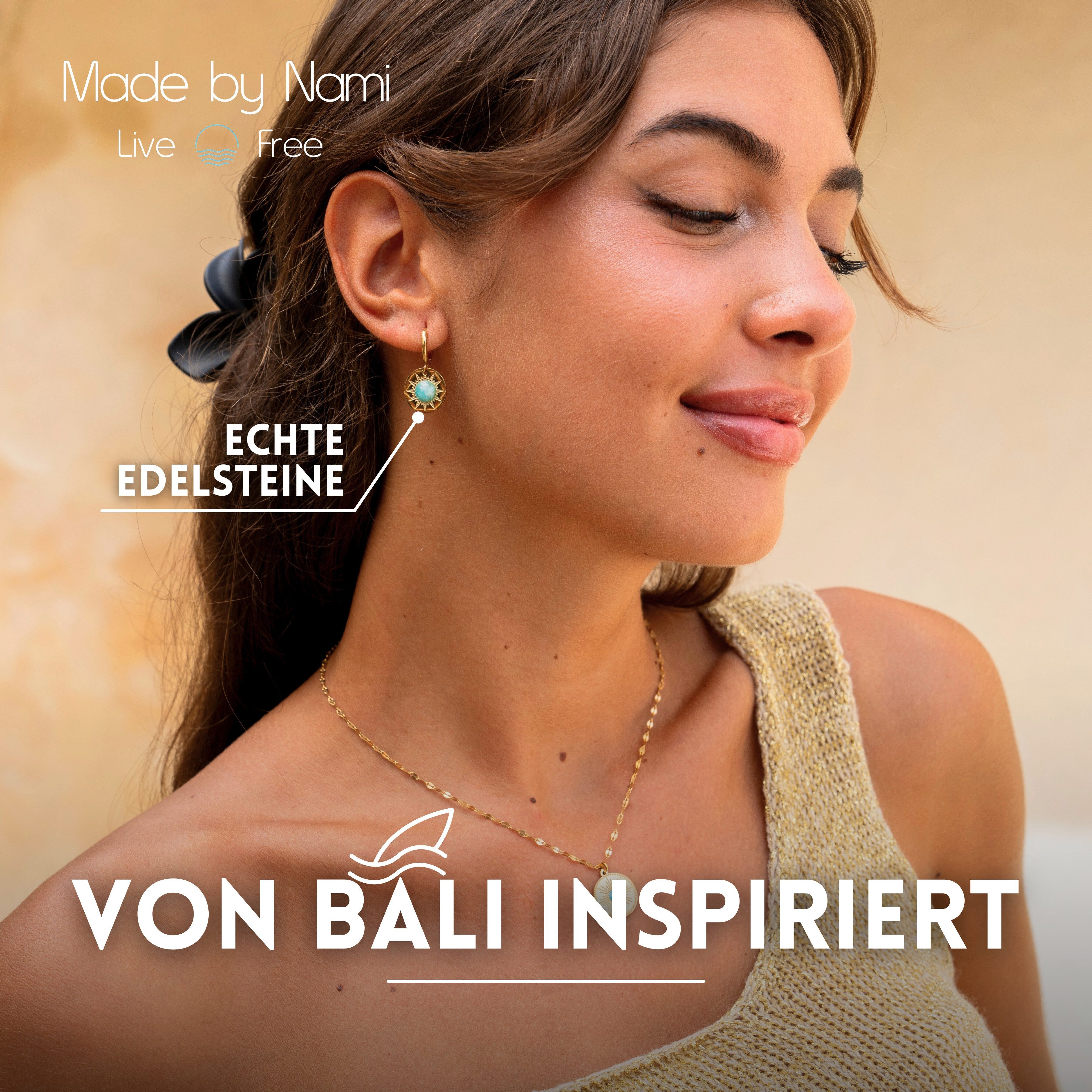 Made by Nami Ohrring-Set Hängend mit Sonnen Anhänger und türkisem Stein Edelstahl Gold, Boho Schmuck Damen Wasserfester Schmuck – Bild 3 von 5