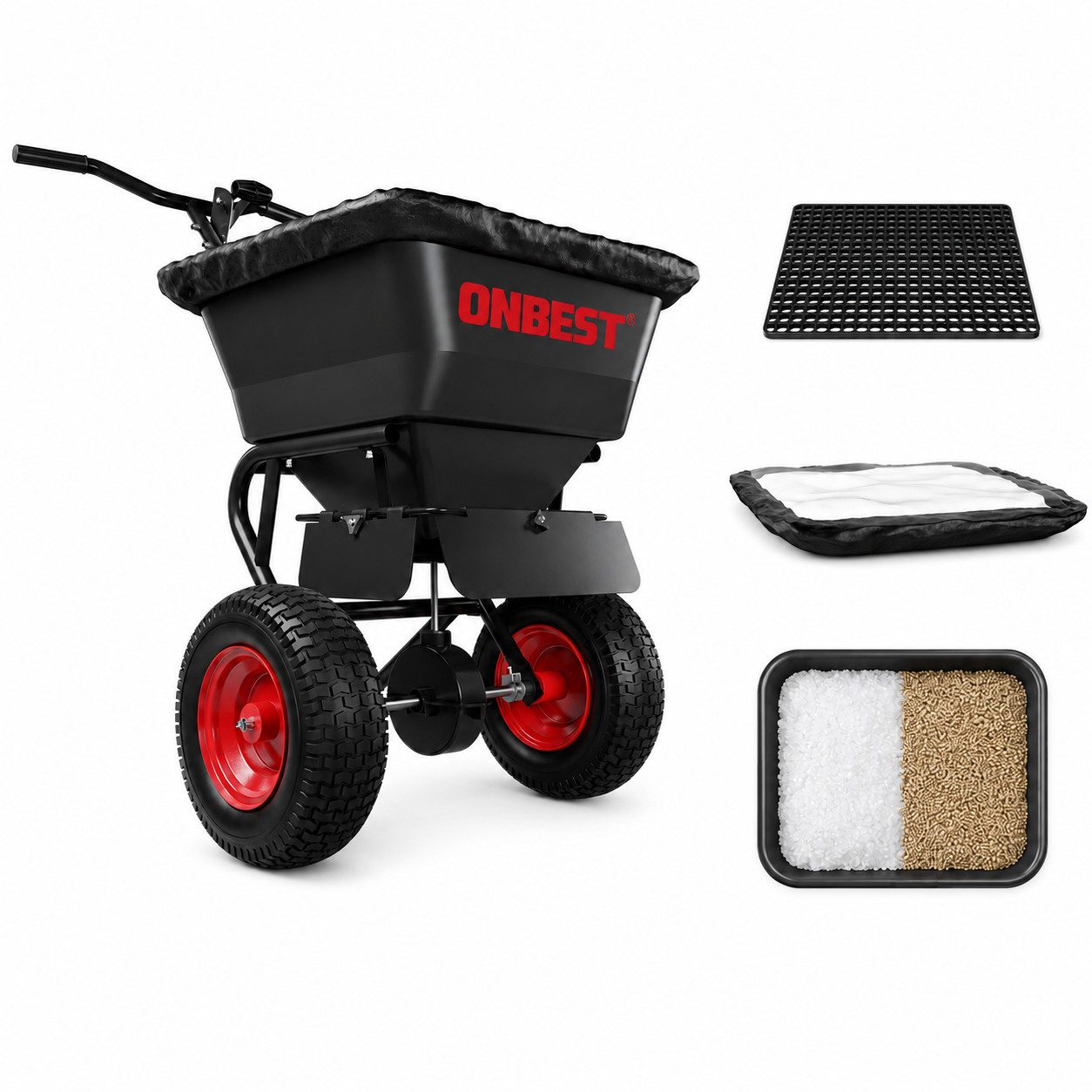 Onbest Streuwagen Salzstreuer Düngerstreuer mit Grobsieb und Regenabdeckung, 45,00 l Füllmenge, 61 x 91 x 59 cm (B x H x T), luftbereift