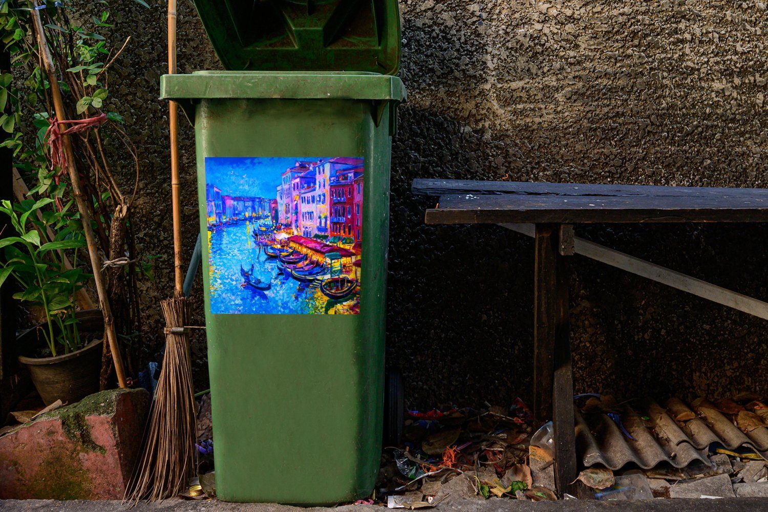 Mülltonne, - Wasser - St), Sticker, Italien Malerei Abfalbehälter Container, - (1 MuchoWow - Architektur Mülleimer-aufkleber, Wandsticker Boot